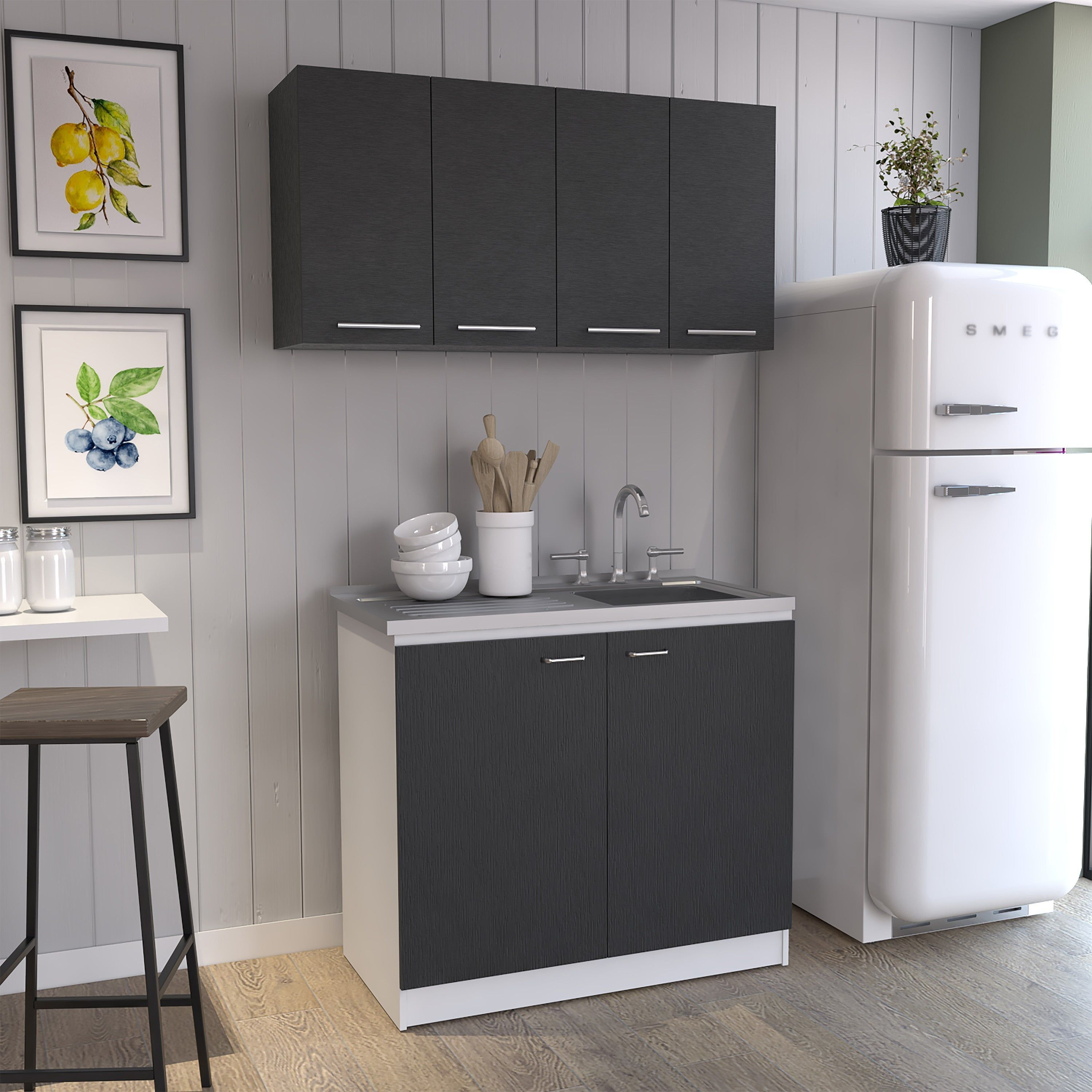 Aztec 2 Piece Kitchen Set  Wall Cabinet + Utility Sink Cabinet  Black  White(D0102H2Bc8Y)
