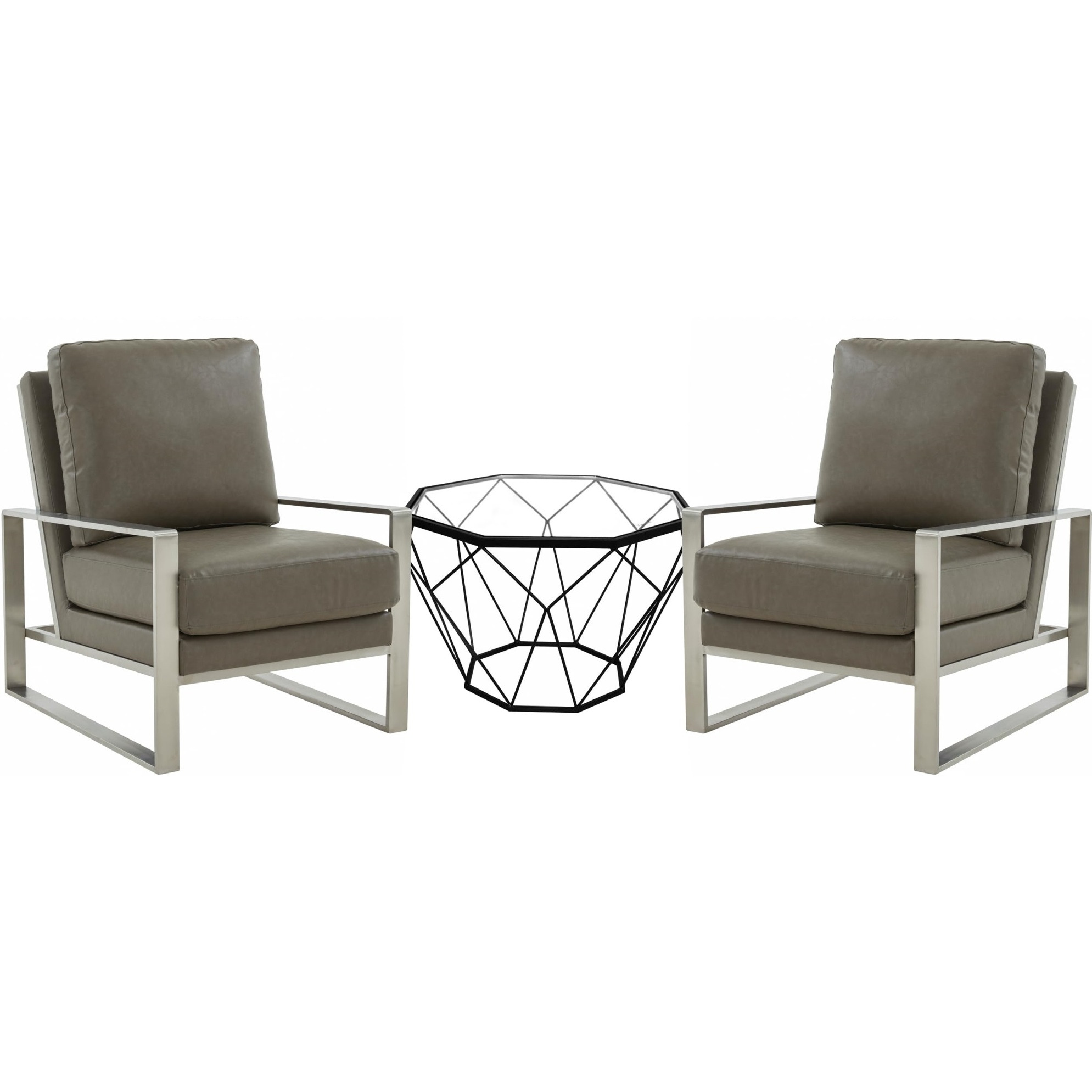 Leisuremod Jefferson Leather Armchair With Silver Frame And Octagon Coffee Table With Geometric Base