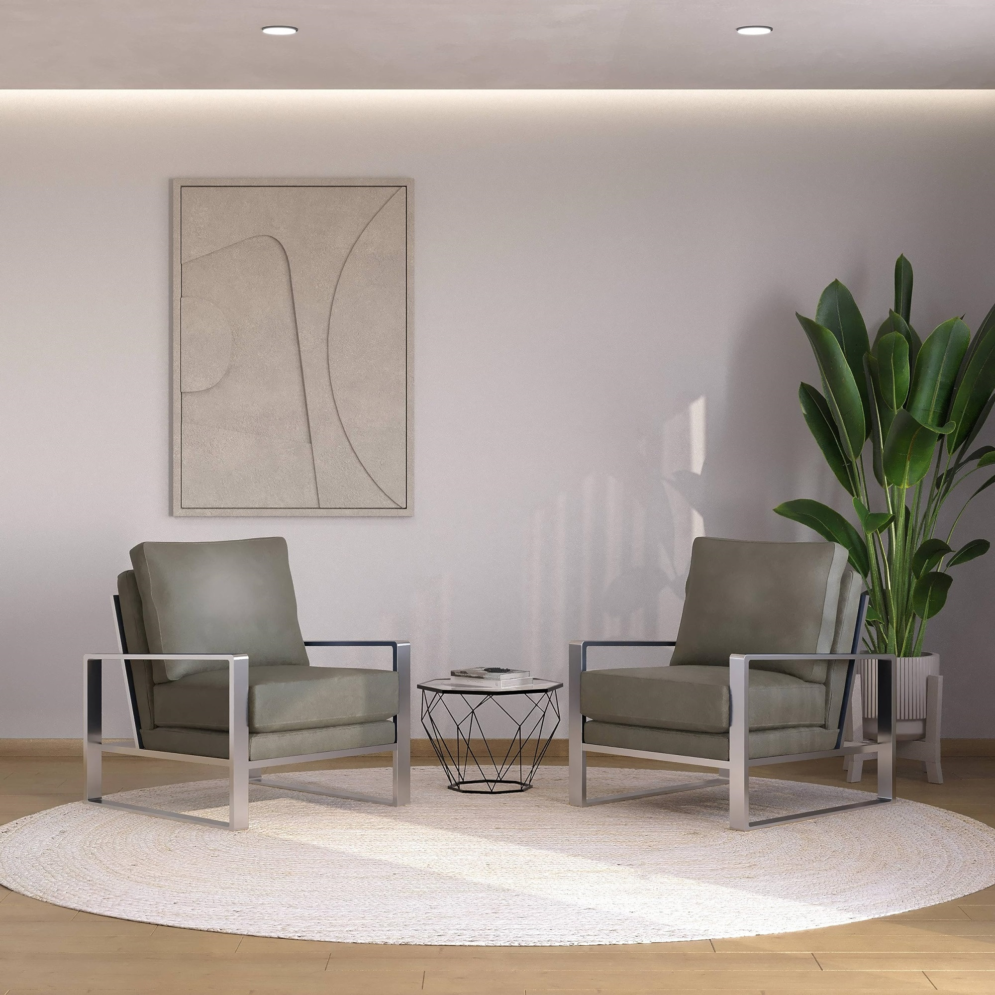 Leisuremod Jefferson Leather Armchair With Silver Frame And Octagon Coffee Table With Geometric Base