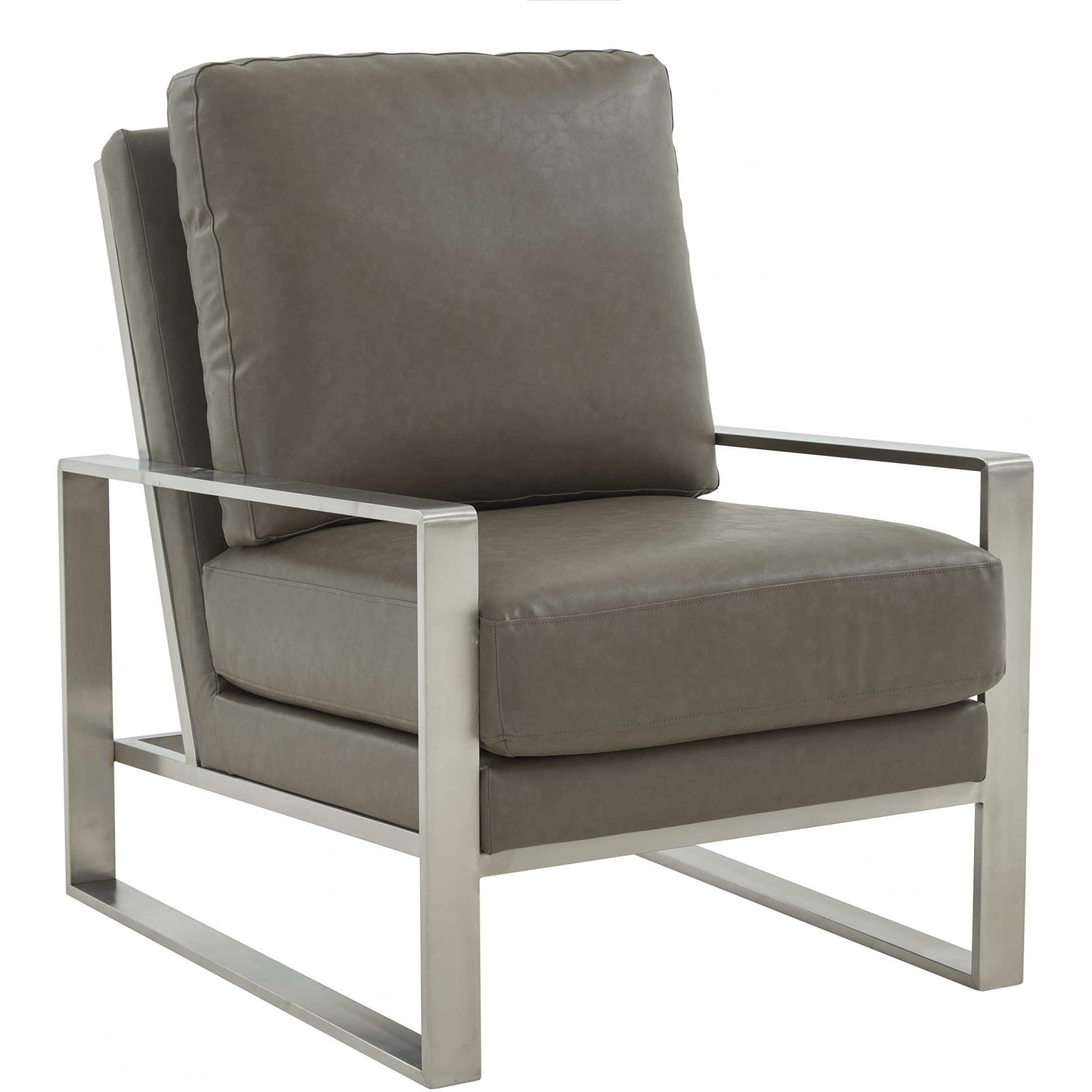 Leisuremod Jefferson Leather Armchair With Silver Frame And Octagon Coffee Table With Geometric Base
