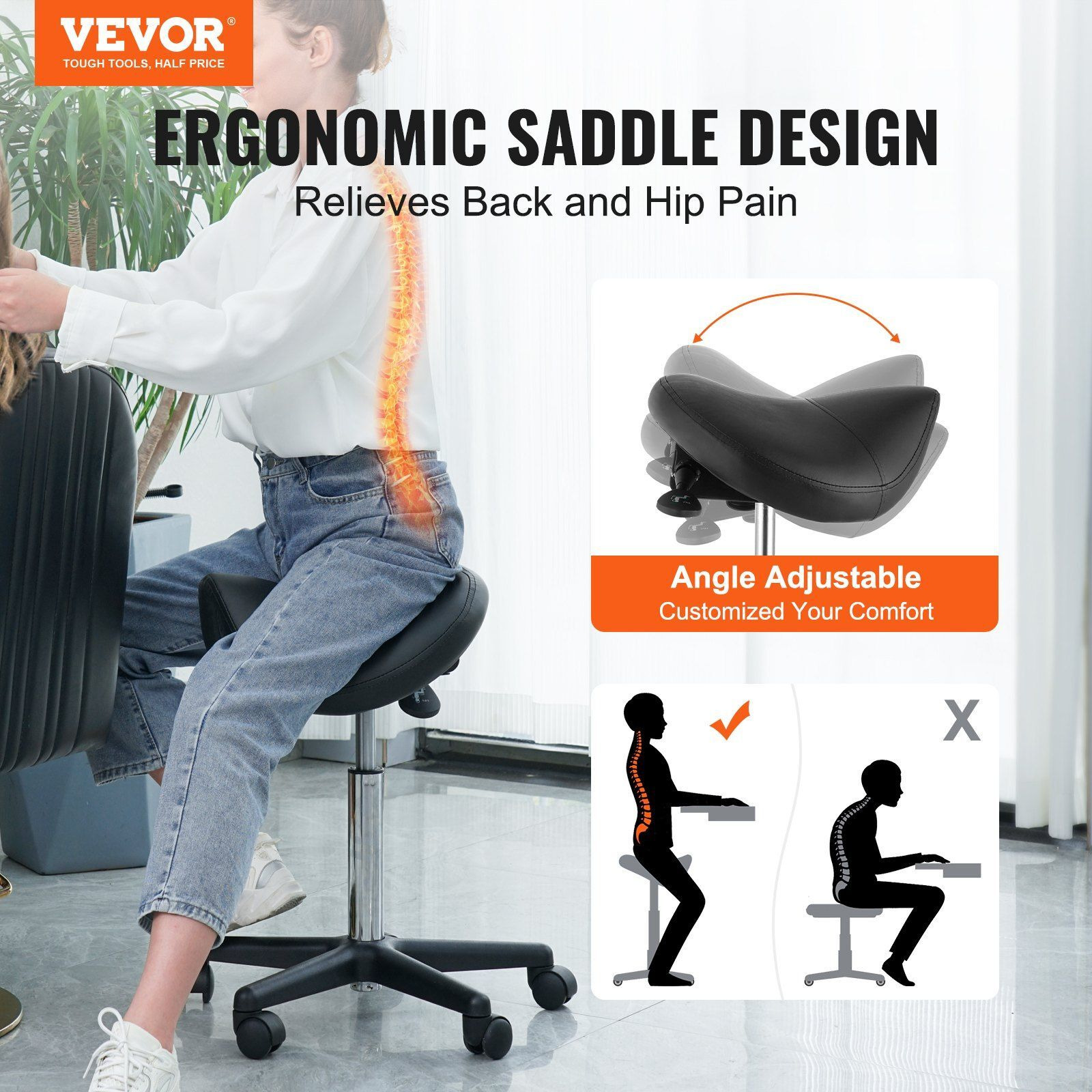 Vevor Saddle Stool With Wheels  400 Lbs Weight Capacity  Height Adjustable Thickened Pu Leather Swivel Saddle Stool Chair For Salon  Spa  Tattoo  Clinic  Black