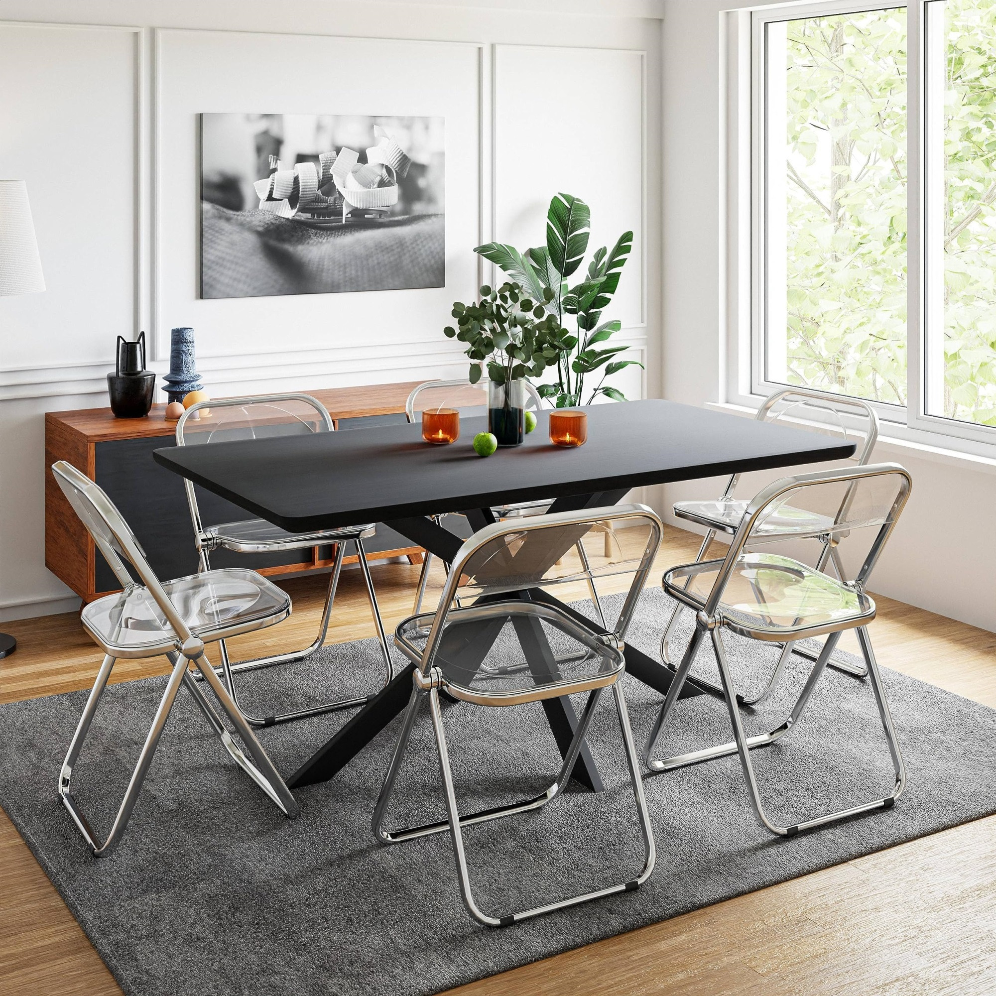 Leisuremod Lawrence 7-Piece Acrylic Folding Dining Chair And Rectangular Dining Table With Geometic Base Set