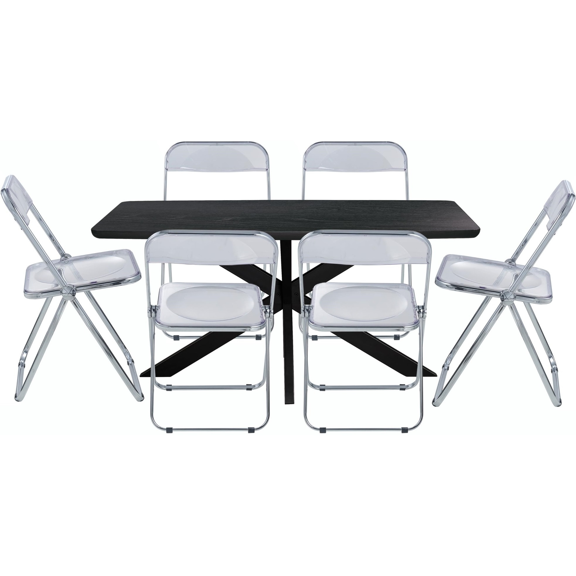 Leisuremod Lawrence 7-Piece Acrylic Folding Dining Chair And Rectangular Dining Table With Geometic Base Set