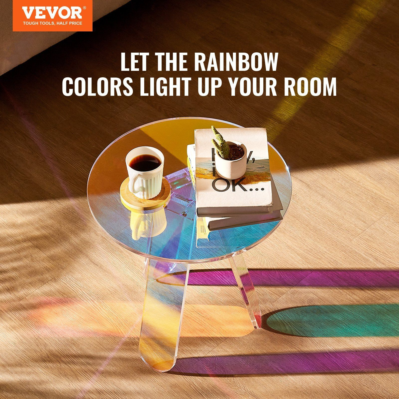 Vevor Round Iridescent Side Table  Acrylic End Table  Clear Rainbow Acrylic Coffee Table For Drink  Food  Snack Used In Living Room  Bedroom  And Study