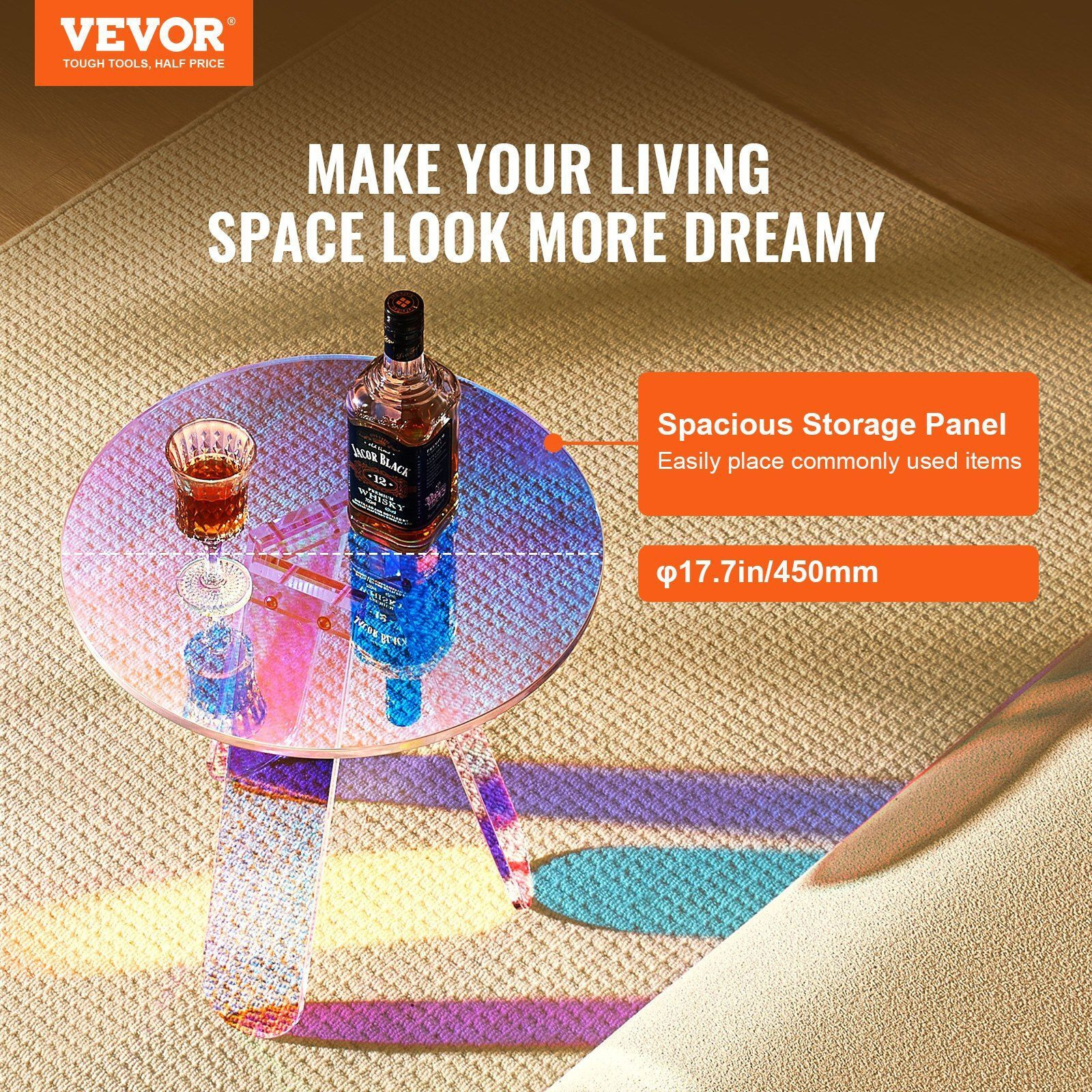 Vevor Round Iridescent Side Table  Acrylic End Table  Clear Rainbow Acrylic Coffee Table For Drink  Food  Snack Used In Living Room  Bedroom  And Study