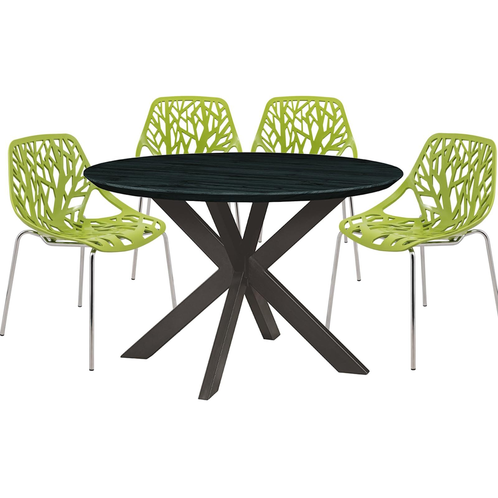 Leisuremod Ravenna Mid-Century Modern 5-Piece Metal Dining Set With 4 Stackable Plastic Chairs And Round Wood Table With Geometric Base For Kitchen And Dining Room