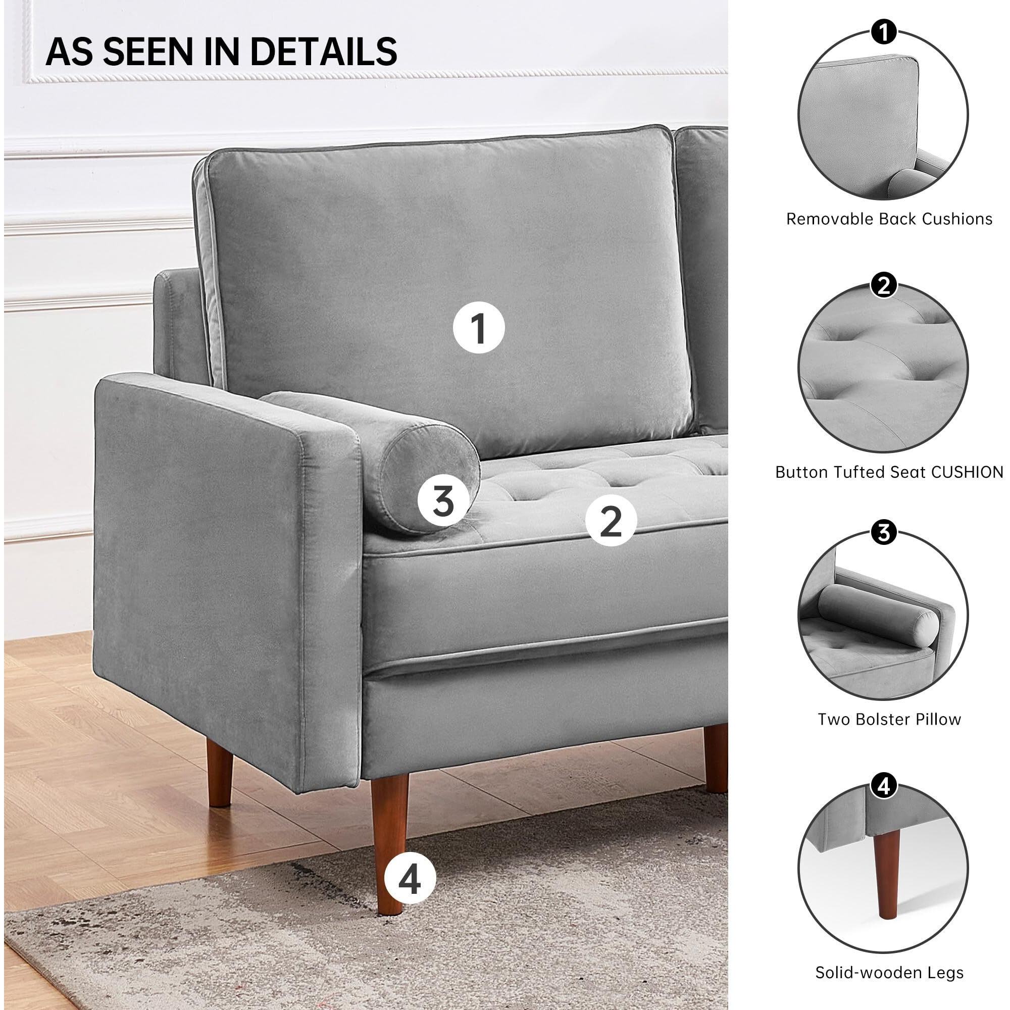 American Furniture Classics Grey 69 Inch Wide Upholstered Two Cushion Sofa With Bolster Pillows Velvet  68"" X 32"" X 37""