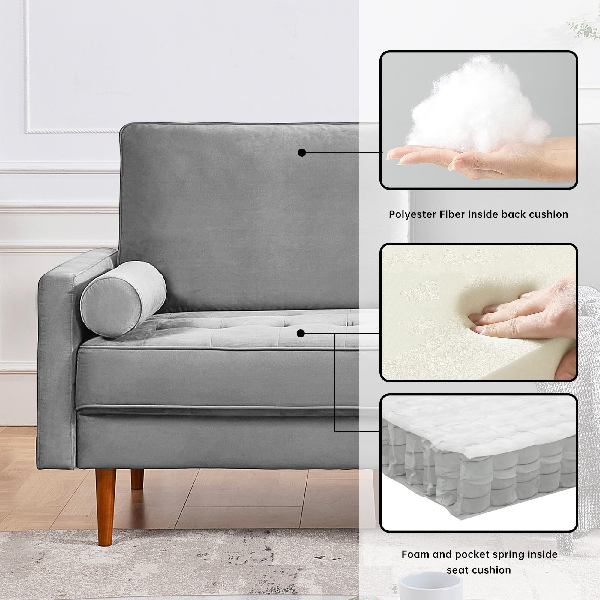 American Furniture Classics Grey 69 Inch Wide Upholstered Two Cushion Sofa With Bolster Pillows Velvet  68"" X 32"" X 37""