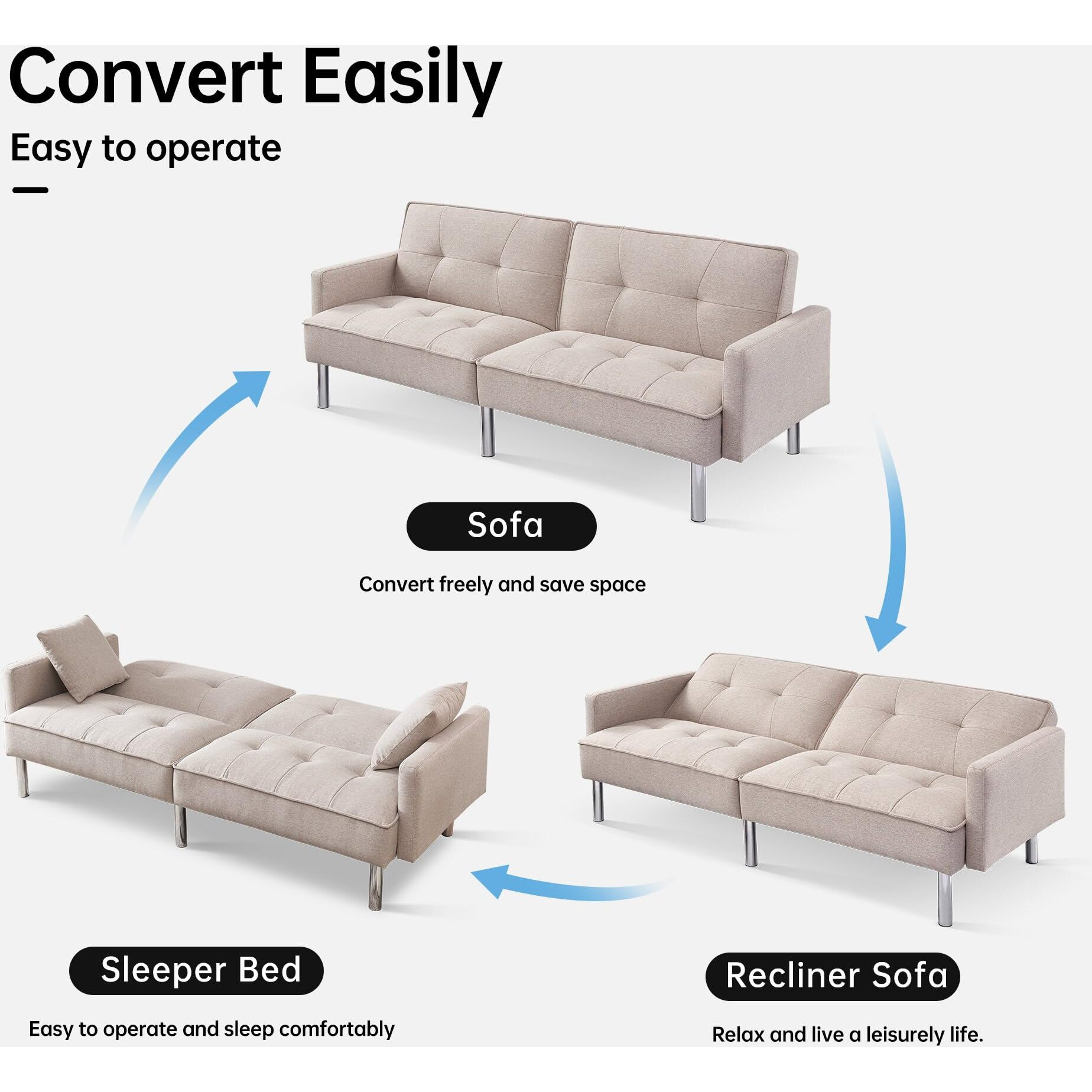 Tufted Futon Convertible Sofa Sleeper With Two Throw Pillows