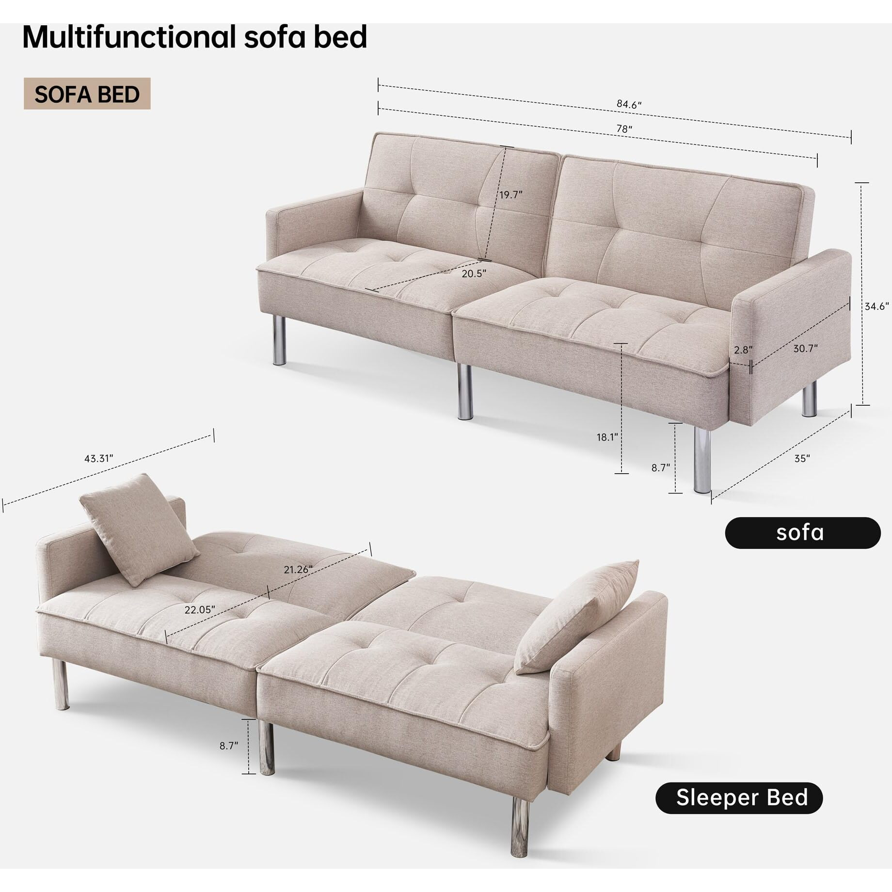 Tufted Futon Convertible Sofa Sleeper With Two Throw Pillows