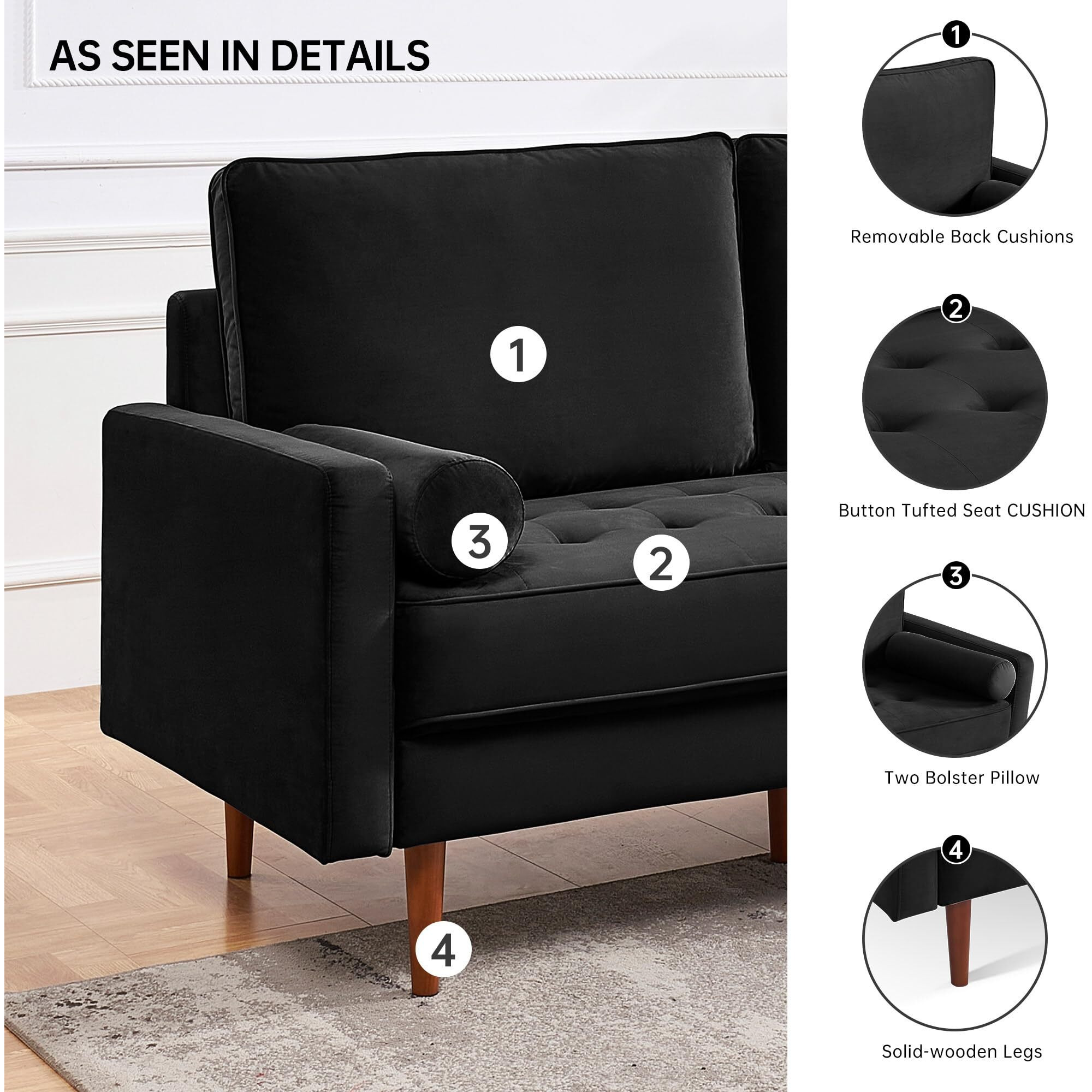 American Furniture Classics Black 69 Inch Wide Upholstered Two Cushion Sofa With Bolster Pillows Velvet  69"" X 32"" X 37""