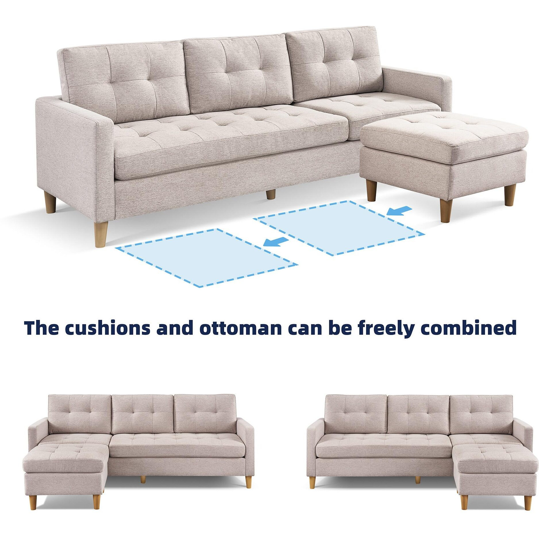 Two Piece Upholstered Tufted L Shaped Sectional With Ottoman In Beige