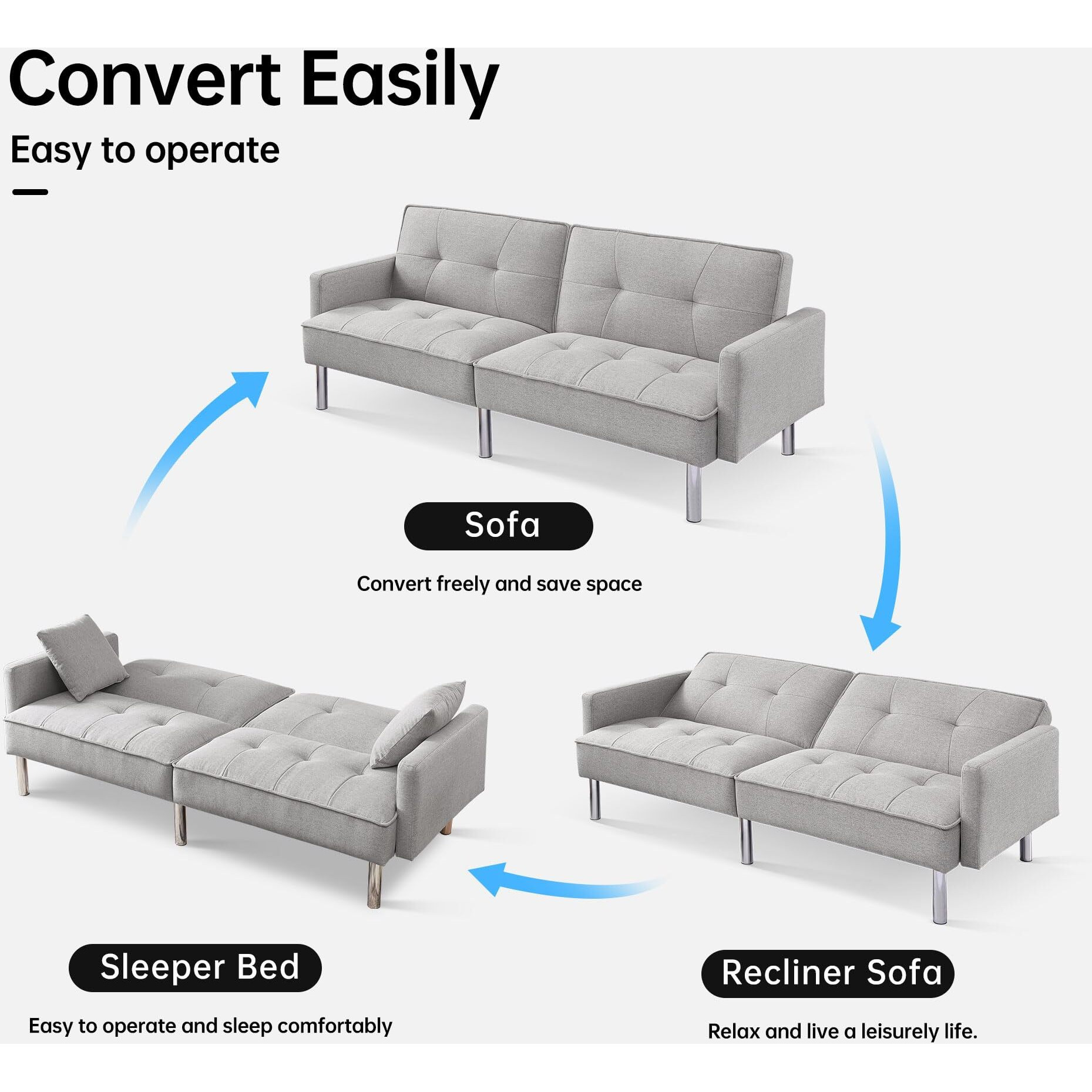 Tufted Futon Convertible Sofa Sleeper With Two Throw Pillows