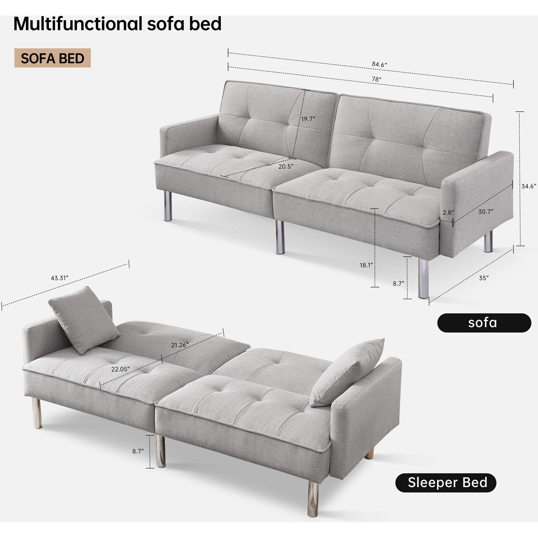 Tufted Futon Convertible Sofa Sleeper With Two Throw Pillows