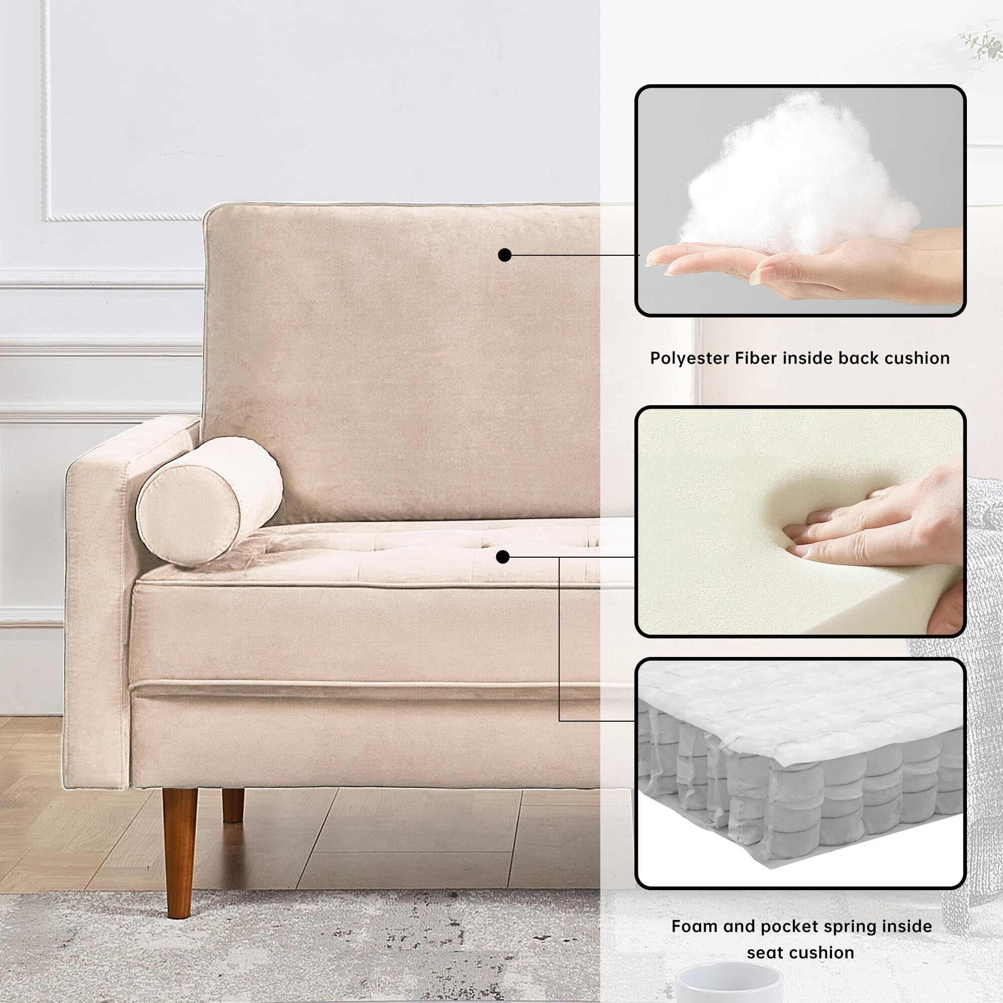 69 Inch Wide Upholstered Two Cushion Sofa With Bolster Pillows