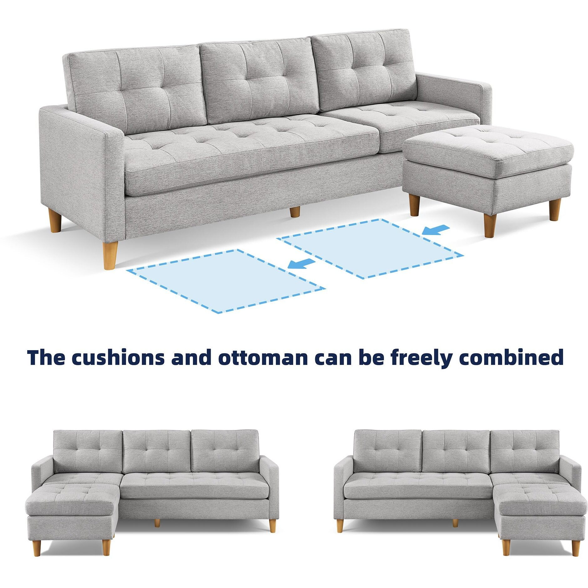 Two Piece Upholstered Tufted L Shaped Sectional With Ottoman In Light Grey