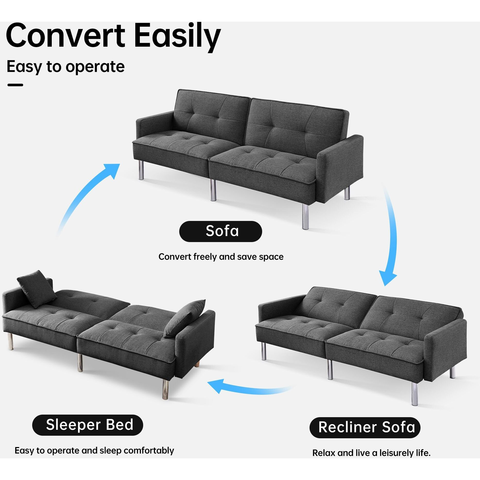 Tufted Futon Convertible Sofa Sleeper With Two Throw Pillows