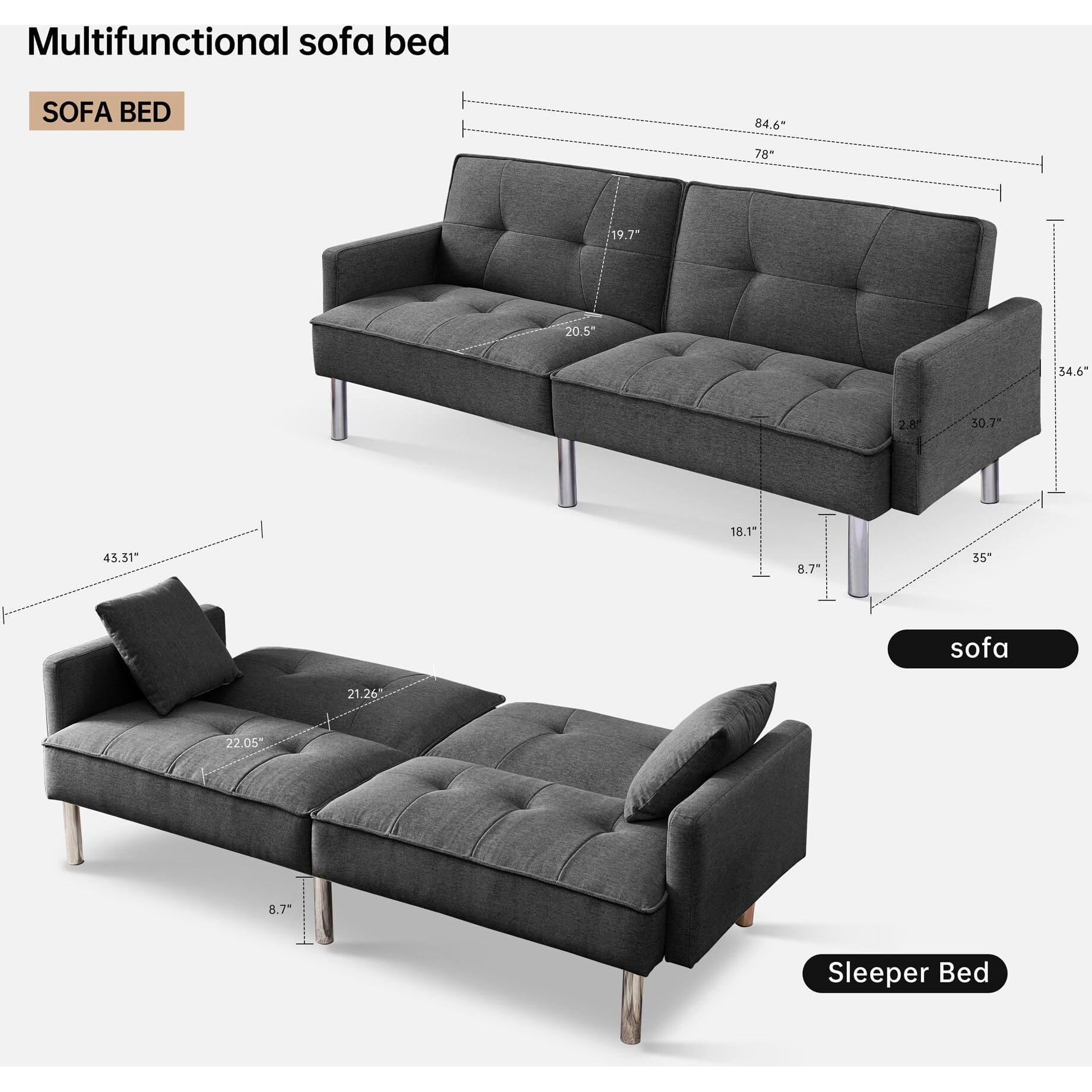 Tufted Futon Convertible Sofa Sleeper With Two Throw Pillows