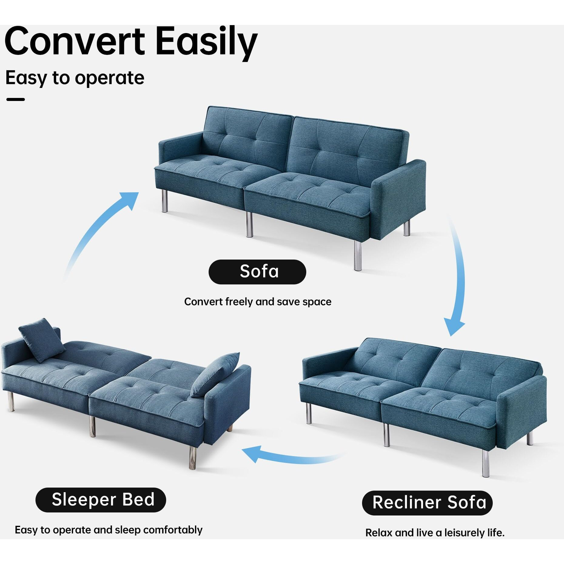Tufted Futon Convertible Sofa Sleeper With Two Throw Pillows