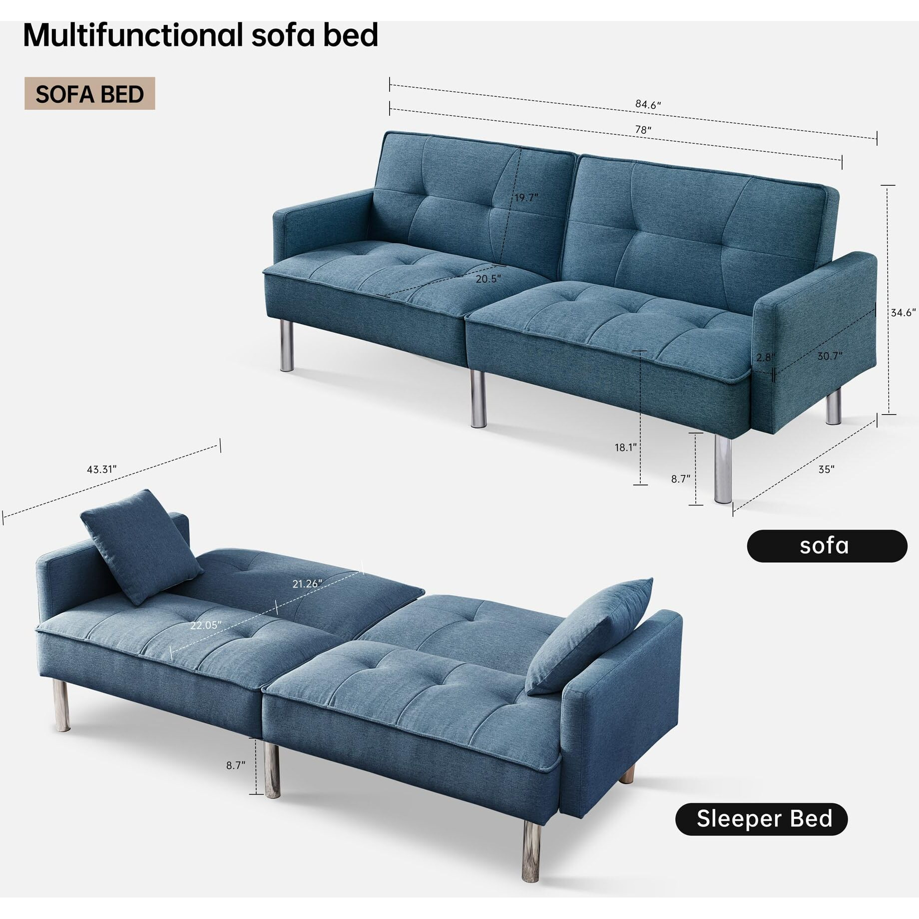 Tufted Futon Convertible Sofa Sleeper With Two Throw Pillows