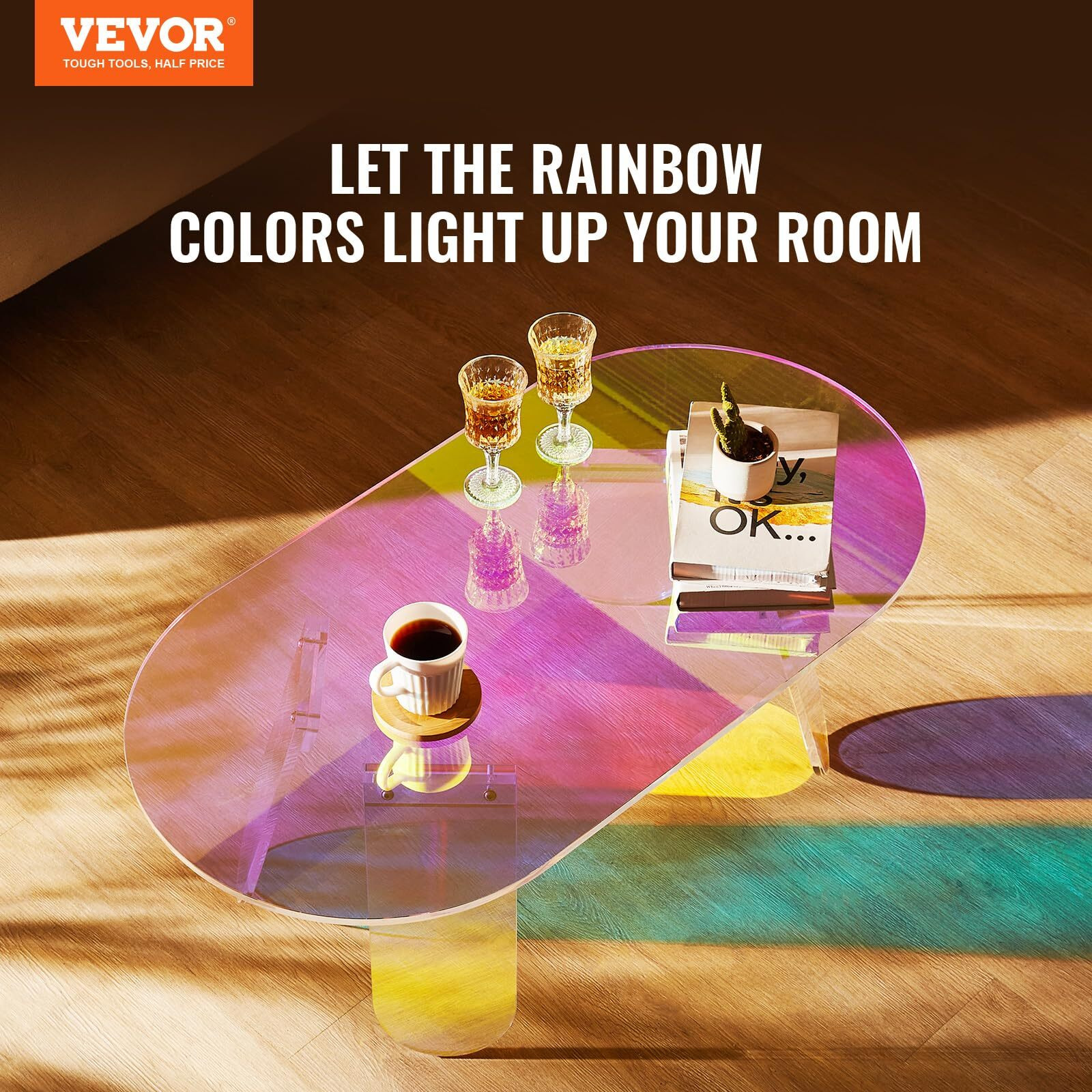 Vevor Acrylic Coffee Table  Iridescent Acrylic End Table  Colorful Acrylic Side Table 37.4 In (L) X 19.7 In (W) X 13.8In (H) For Coffee  Drink  Food  Snack Used In Living Room  Courtyard  Terrace