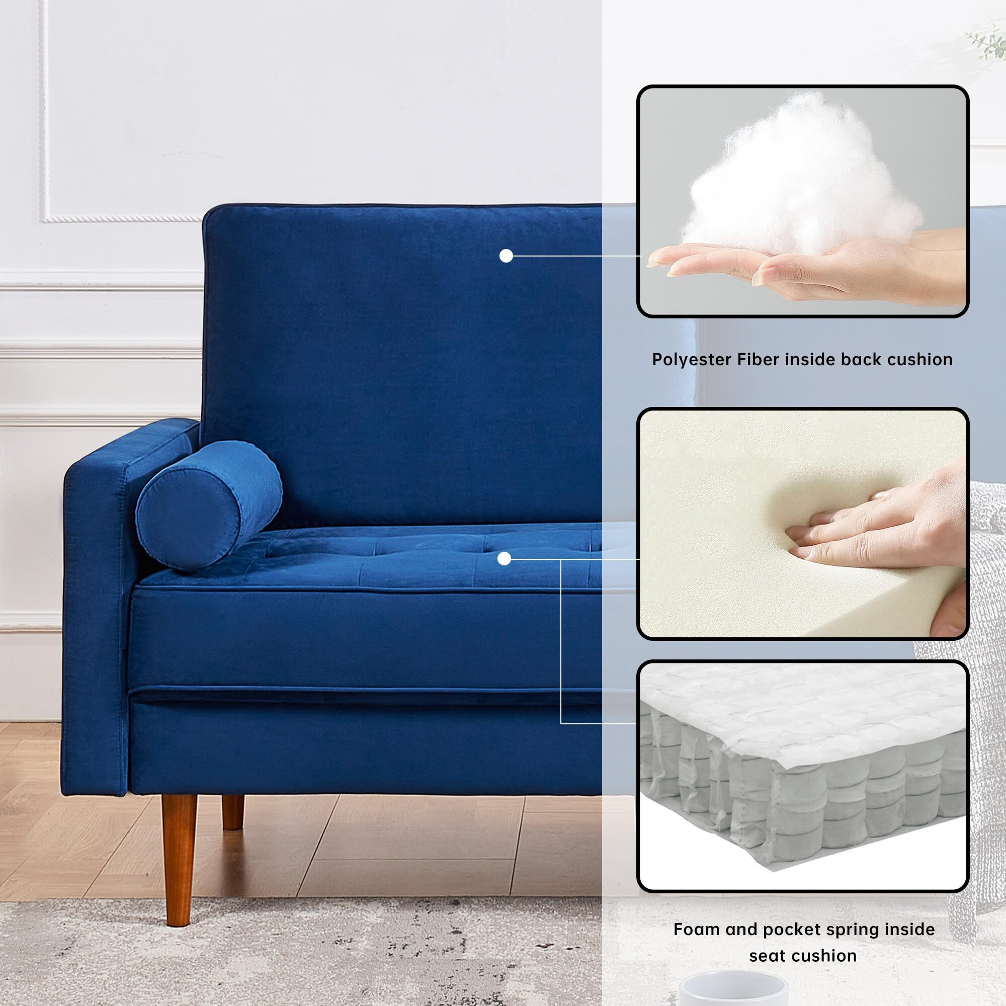 69 Inch Wide Upholstered Two Cushion Sofa With Bolster Pillows