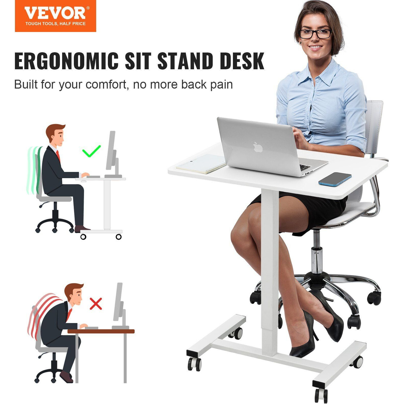 Vevor Mobile Standing Desk  28""-44"" Gas-Spring Height Adjustable Sit-Stand Desk  4 360 Swivel Wheels (2 Lockable) Portable Rolling Laptop Table Computer Cart For Home Office School  40Lbs Loading