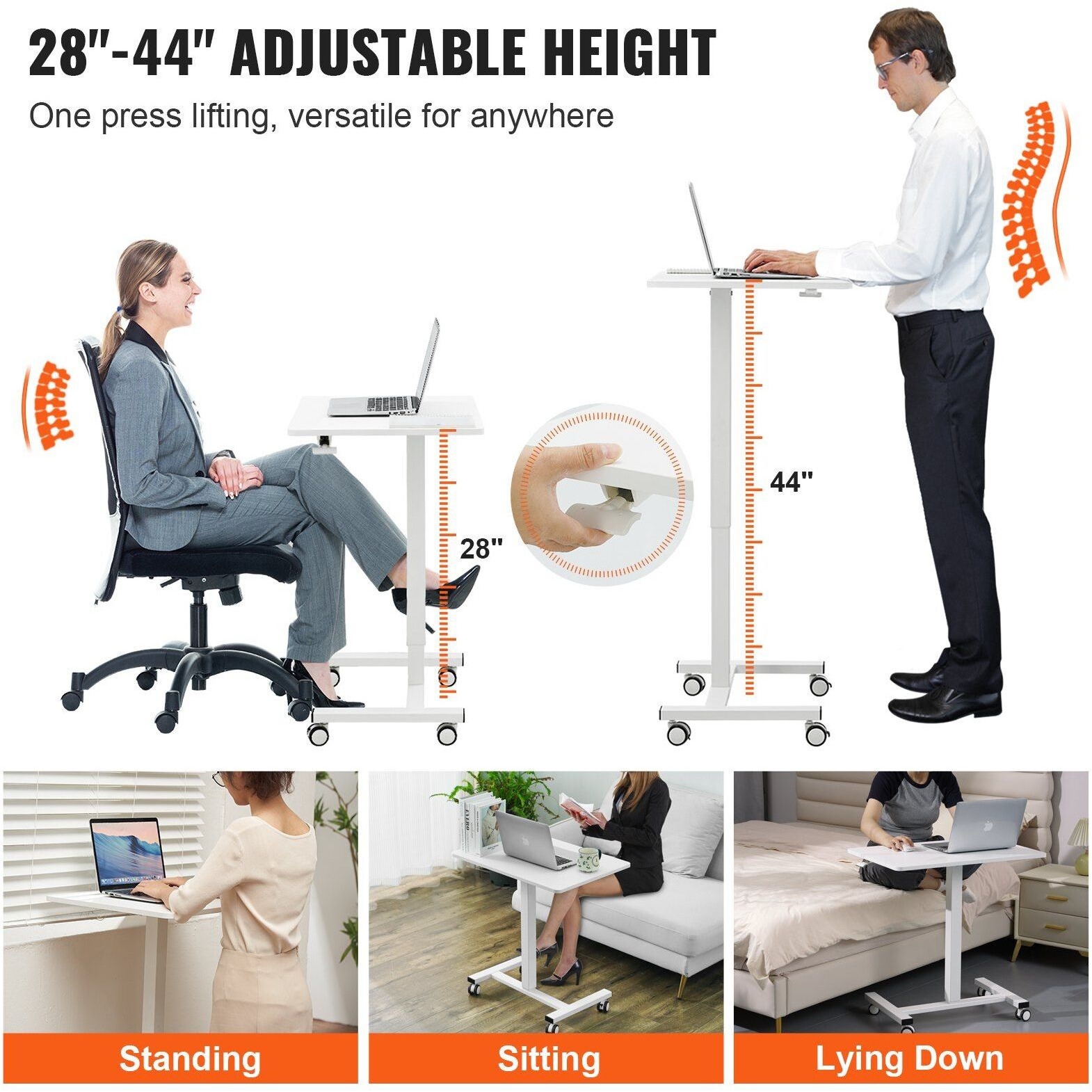 Vevor Mobile Standing Desk  28""-44"" Gas-Spring Height Adjustable Sit-Stand Desk  4 360 Swivel Wheels (2 Lockable) Portable Rolling Laptop Table Computer Cart For Home Office School  40Lbs Loading