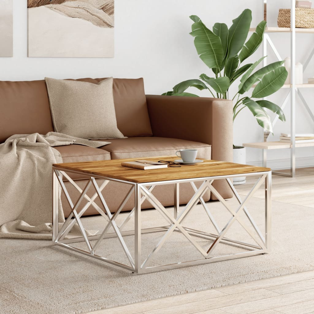 Vidaxl Coffee Table Silver Stainless Steel And Solid Wood Acacia