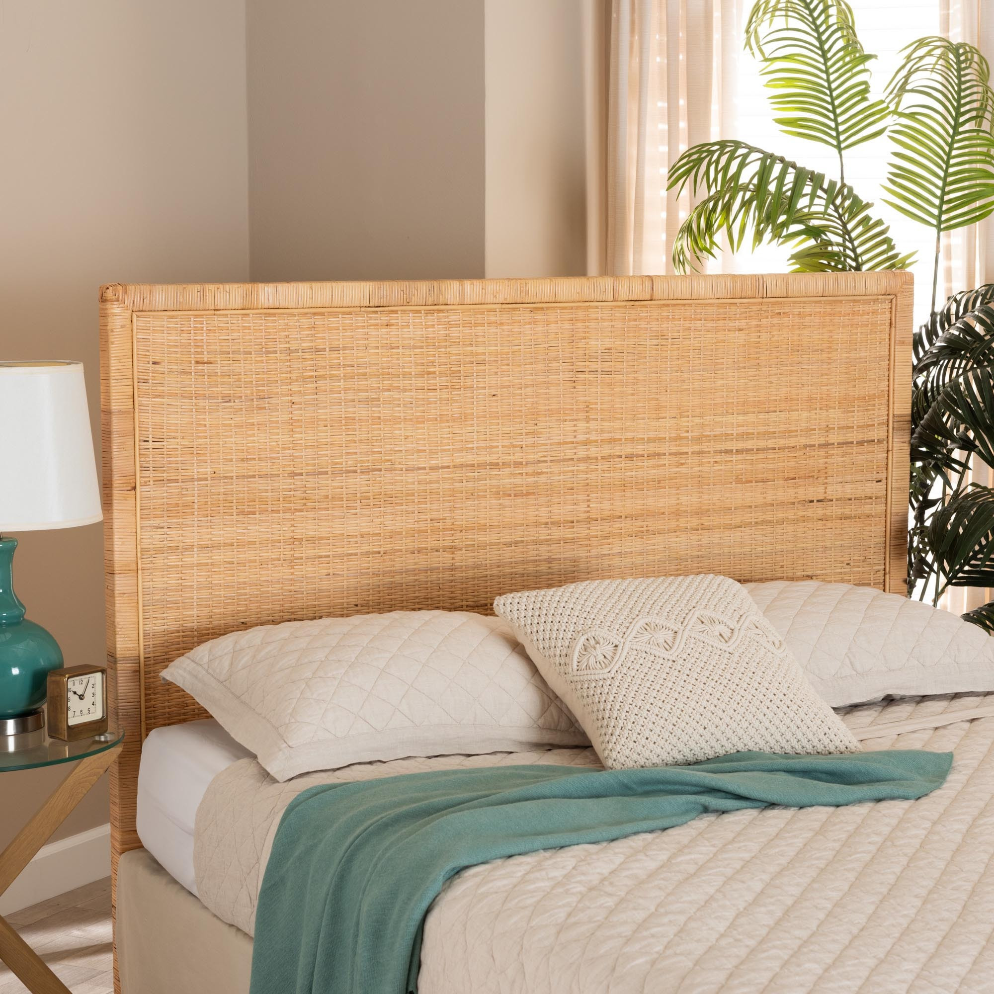 Bali & Pari Adelyn Modern Bohemian Natural Brown Rattan And Mahogany Wood King Size Headboard