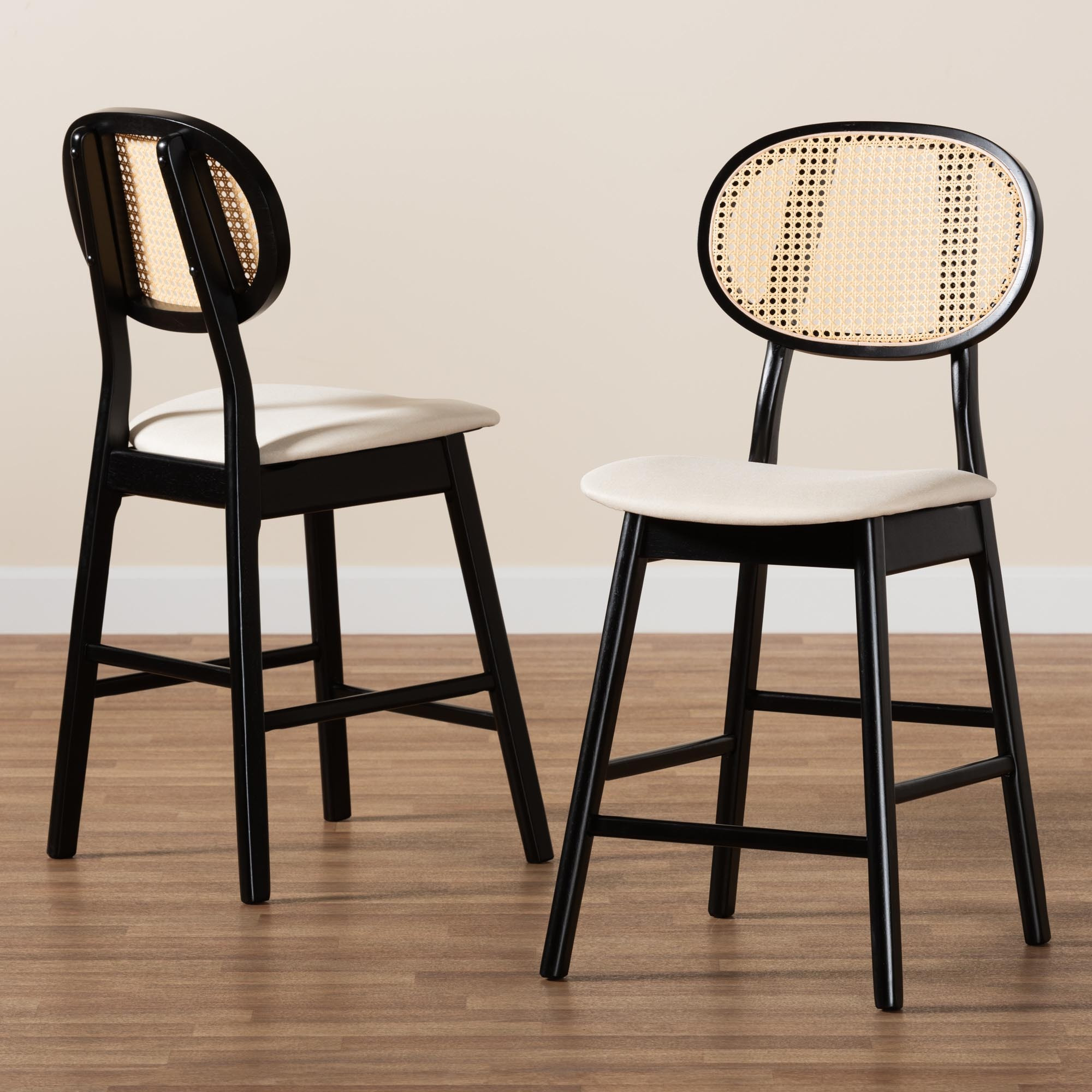 Baxton Studio Darrion Mid-Century Modern Cream Fabric And Black Finished Wood 2-Piece Counter Stool Set