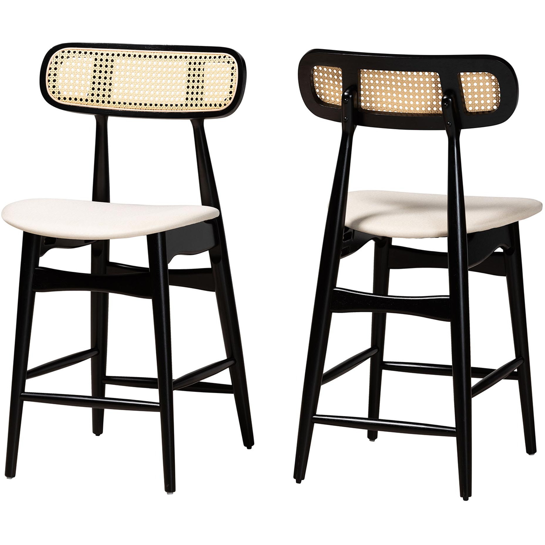 Baxton Studio Tarana Mid-Century Modern Cream Fabric And Black Finished Wood 2-Piece Counter Stool Set