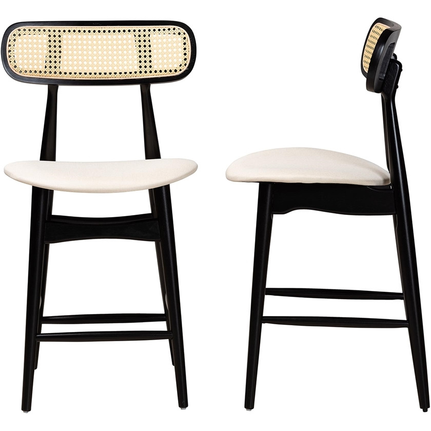 Baxton Studio Tarana Mid-Century Modern Cream Fabric And Black Finished Wood 2-Piece Counter Stool Set