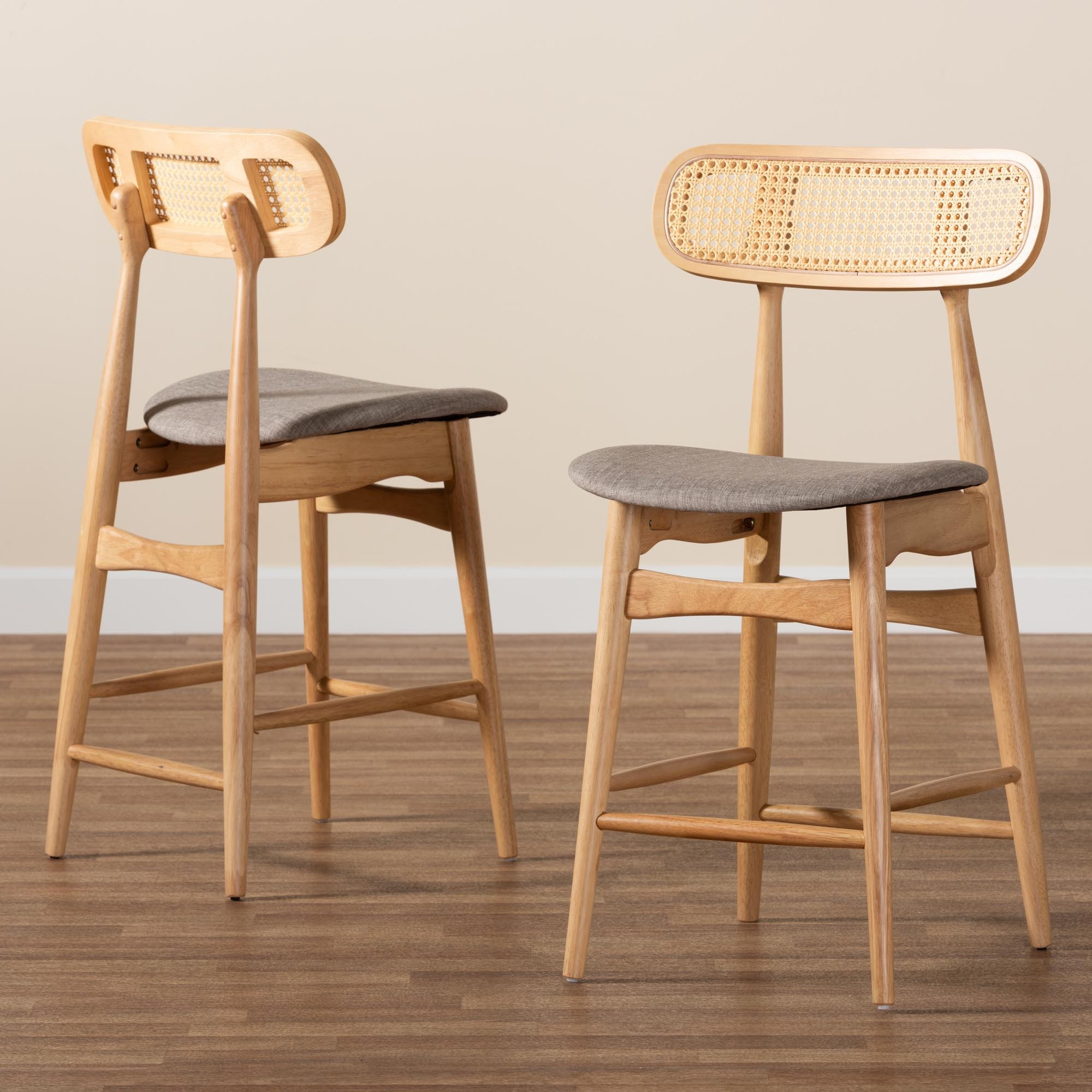 Baxton Studio Tarana Mid-Century Modern Grey Fabric And Natural Oak Finished Wood 2-Piece Counter Stool Set