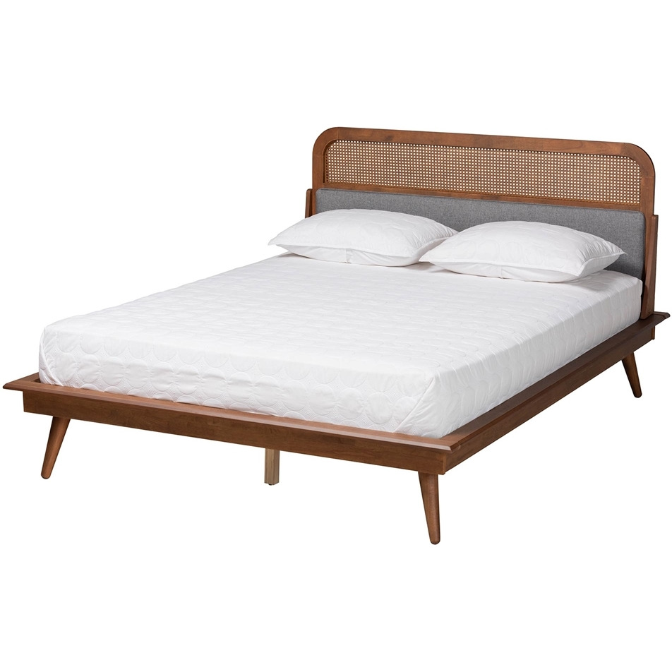 Baxton Studio Irina Mid-Century Modern Grey Fabric And Ash Walnut Finished Wood Queen Size Platform Bed