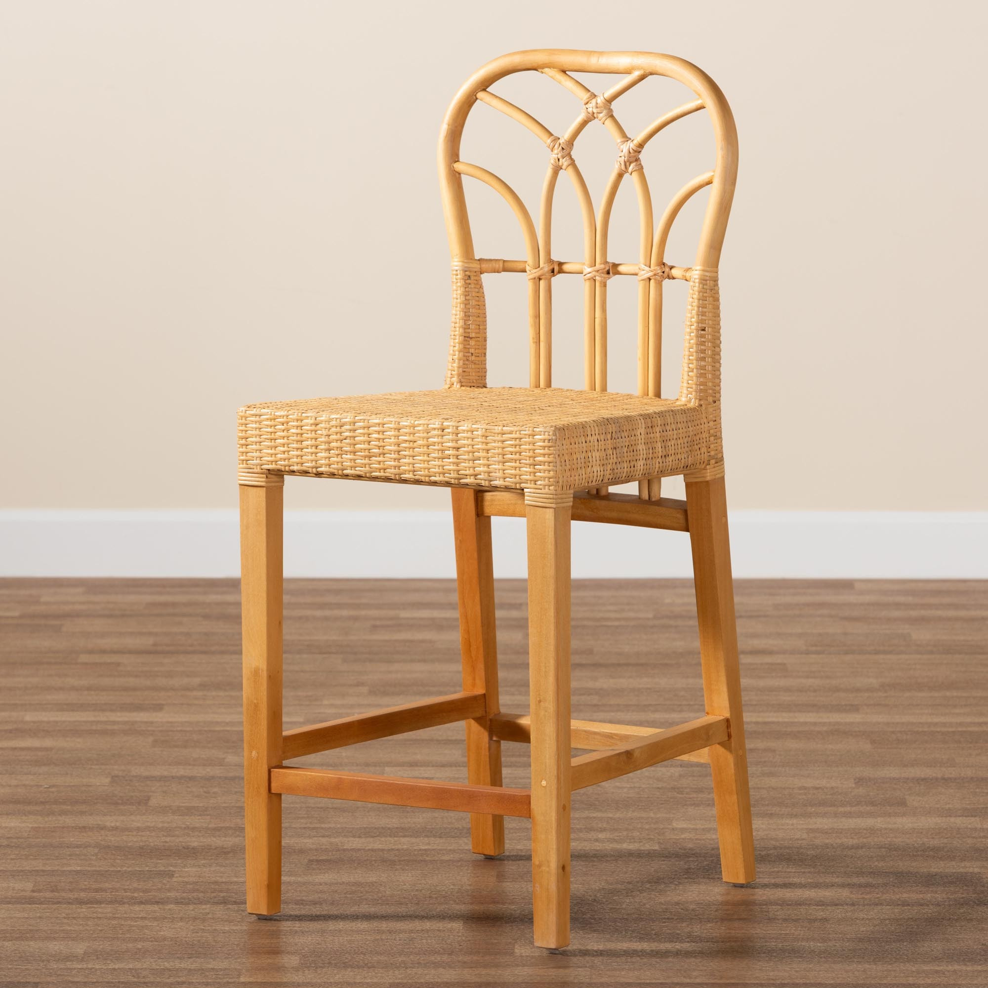 Bali & Pari Monaco Modern Bohemian Natural Rattan And Mahogany Wood Counter Stool
