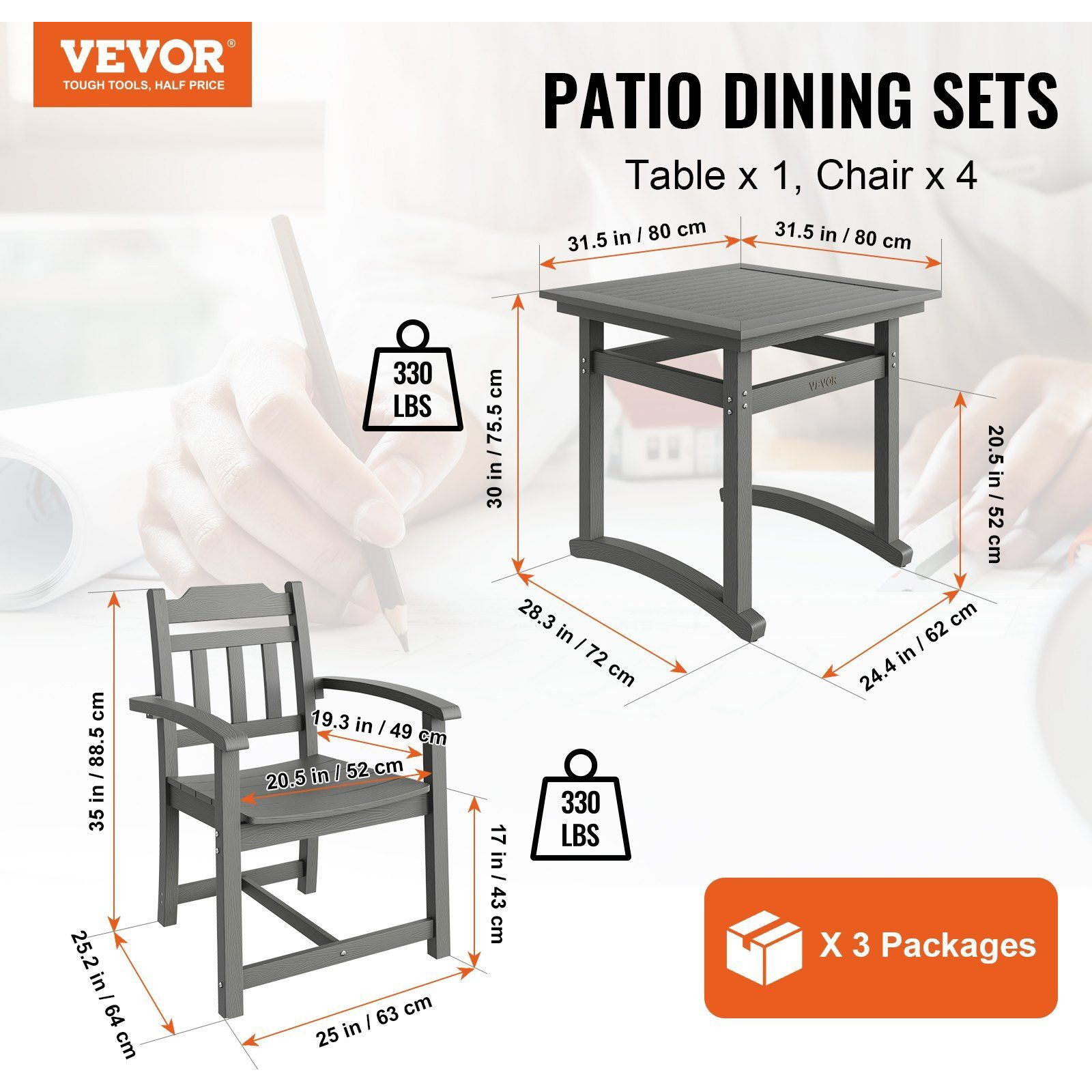 Vevor 5 Pieces Patio Dining Set  Outdoor Square Furniture Table And Chairs  All Weather Garden Furniture Table Sets  Hips Small Patio Conversation Set  For Lawn  Deck  Backyard  Poolside  Light Gray