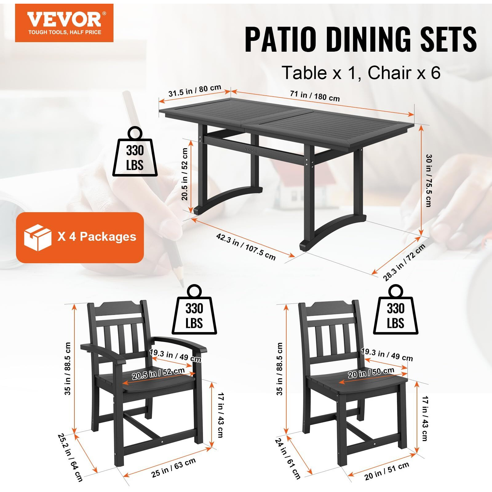 Vevor 7 Pieces Patio Dining Set  Outdoor Rectangle Furniture Table And Chairs Set  All Weather Garden Furniture Table Sets  Hips Patio Conversation Set  For Lawn  Deck  Backyard  Poolside  Black