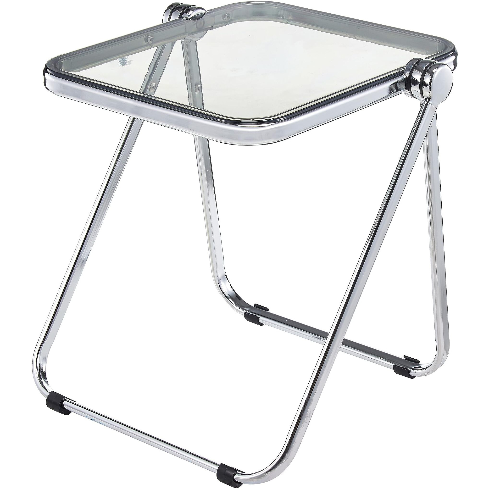 Leisuremod Lawrence Mid-Century Modern Rectangular Folding Side Table In Chrome Finish With Plastic Tabletop And Aluminum Frame For Living Room And Bedroom  Tranpsarent Black