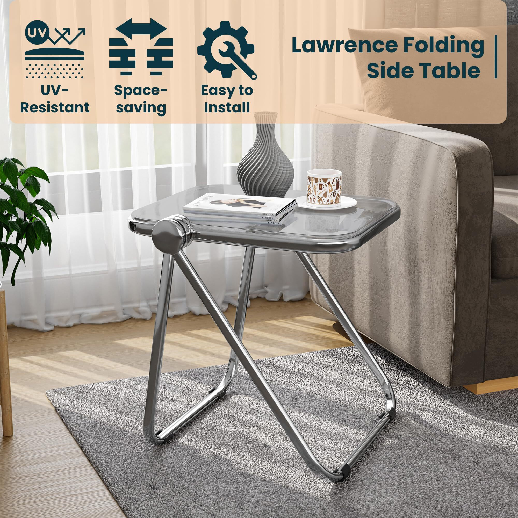 Leisuremod Lawrence Mid-Century Modern Rectangular Folding Side Table In Chrome Finish With Plastic Tabletop And Aluminum Frame For Living Room And Bedroom  Tranpsarent Black