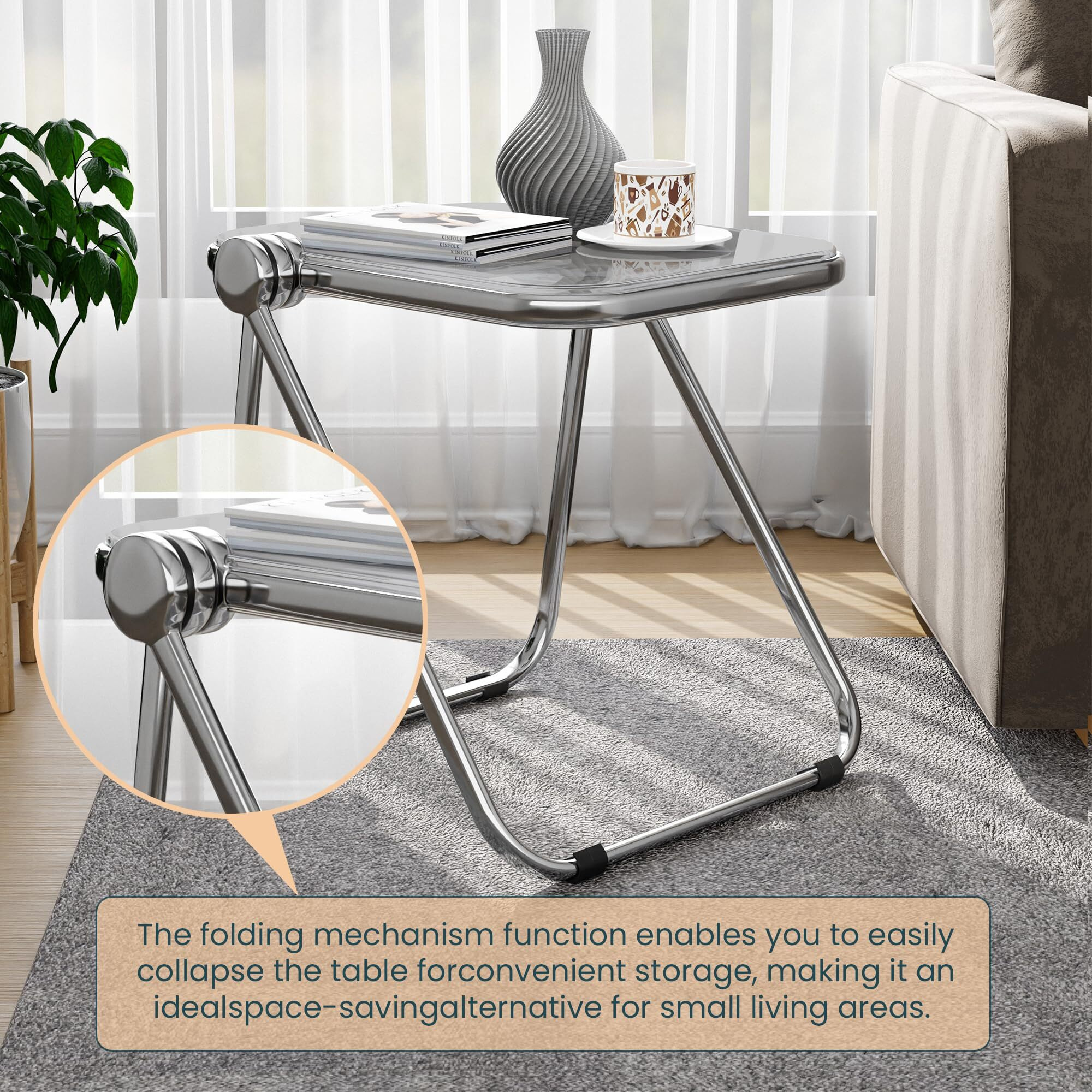 Leisuremod Lawrence Mid-Century Modern Rectangular Folding Side Table In Chrome Finish With Plastic Tabletop And Aluminum Frame For Living Room And Bedroom  Tranpsarent Black