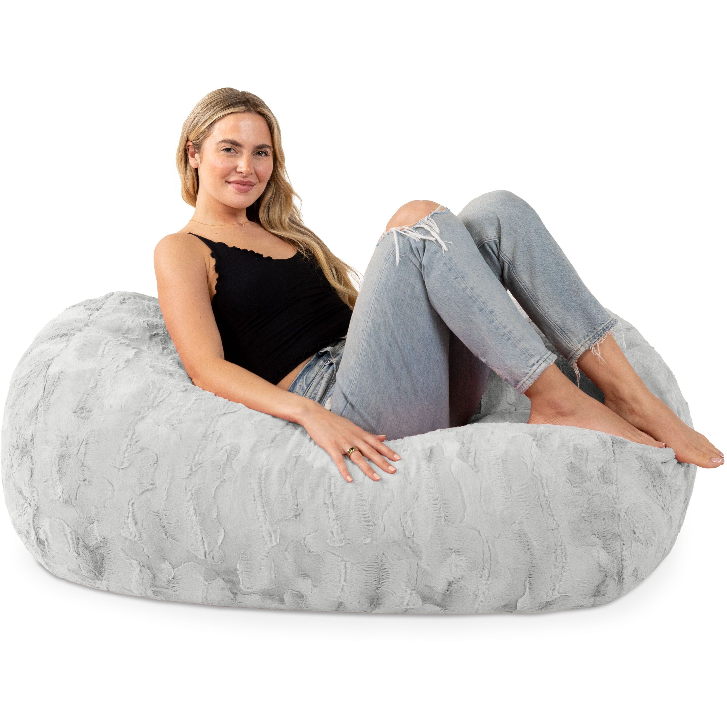 Jaxx Sofa Saxx Bean Bag Couch - 4 Foot - Faux Fur  Silver