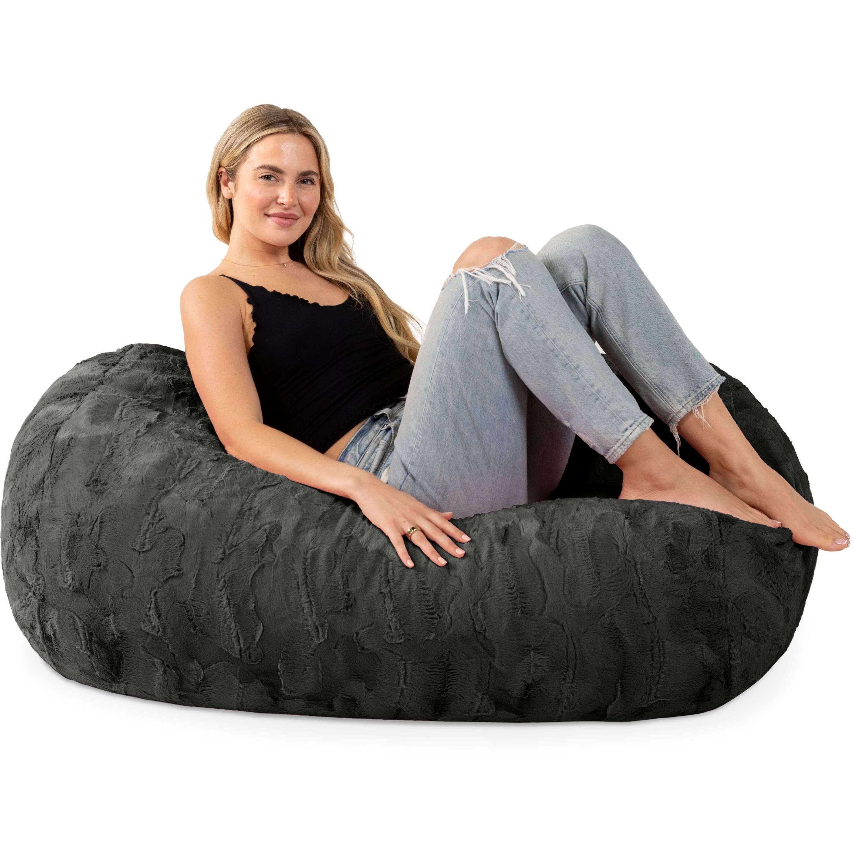 Jaxx Sofa Saxx Bean Bag Couch - 4 Foot - Faux Fur  Black
