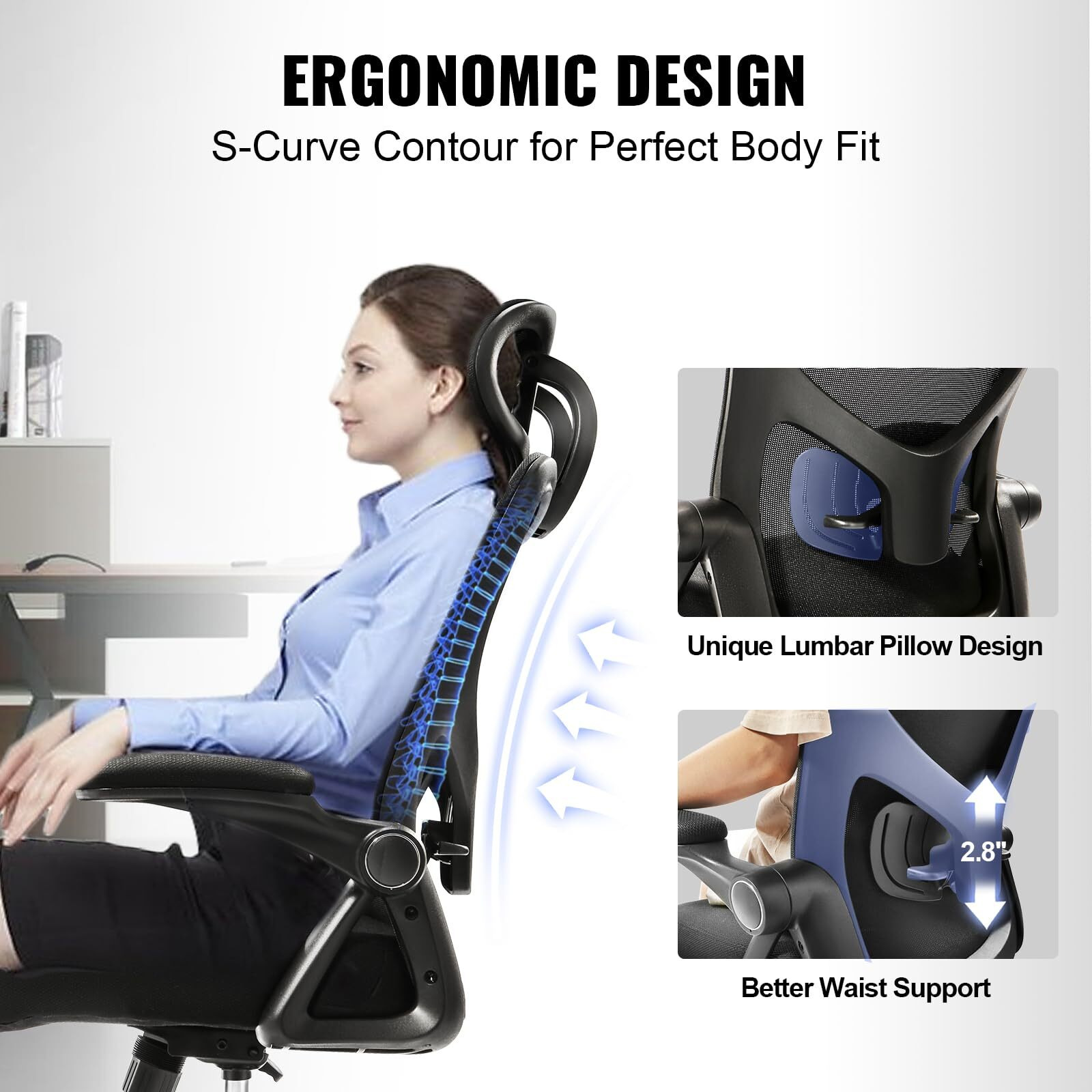 Vevor Office Chair With Adjustable Lumbar Support  High Back Ergonomic Desk Chair With Adjustable Headrest  2D Armrest  Ergonomic Office Chair Backrest  Computer Chair For Home Office