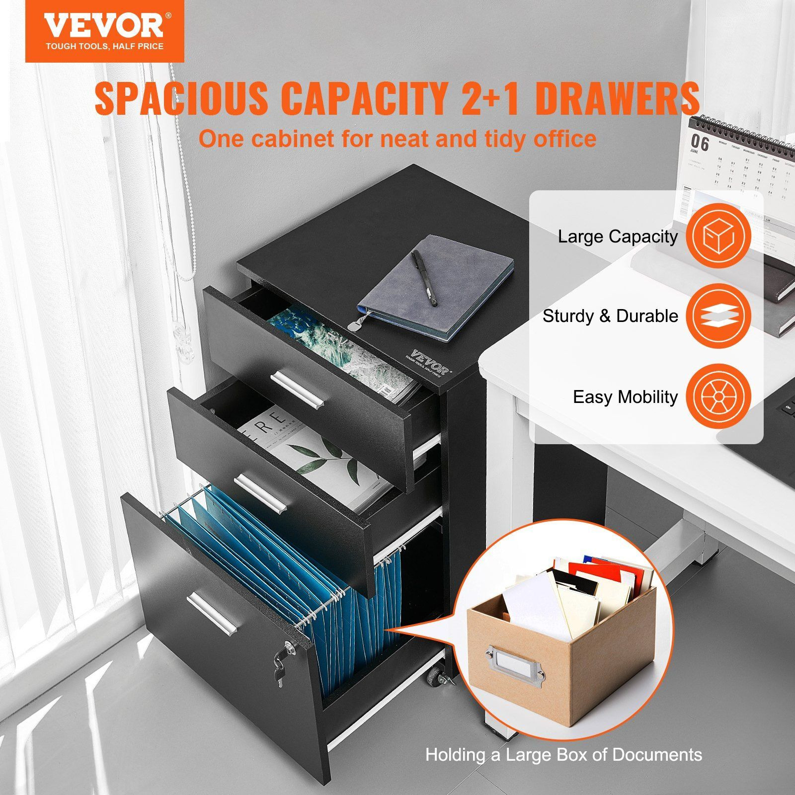 Vevor File Cabinet  3-Drawer Wood Filing Cabinet  Locking Office Cabinet For Letter/A4 Size  File Cabinet With 5 Wheels For Home Office  Black