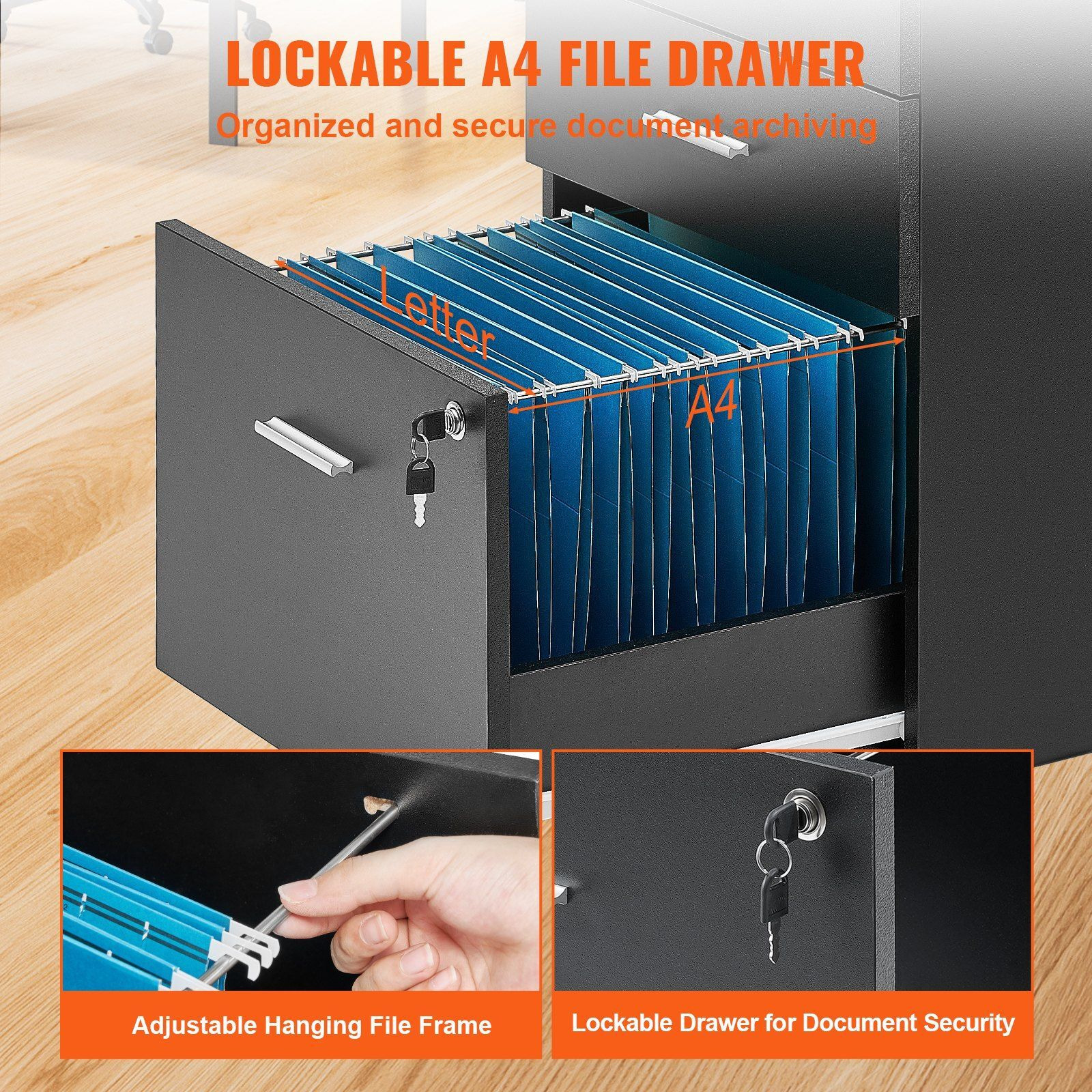 Vevor File Cabinet  3-Drawer Wood Filing Cabinet  Locking Office Cabinet For Letter/A4 Size  File Cabinet With 5 Wheels For Home Office  Black