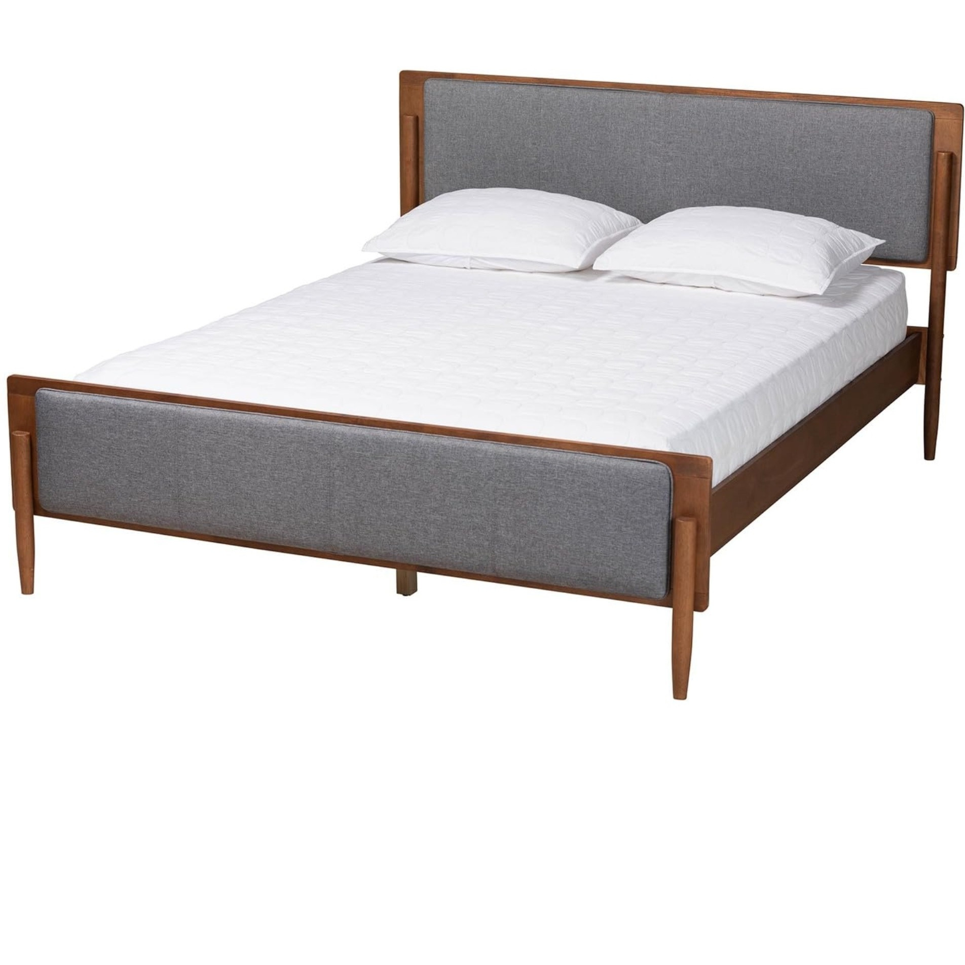 Baxton Studio Powers Mid-Century Modern Grey Fabric And Ash Walnut Finished Wood Queen Size Platform Bed