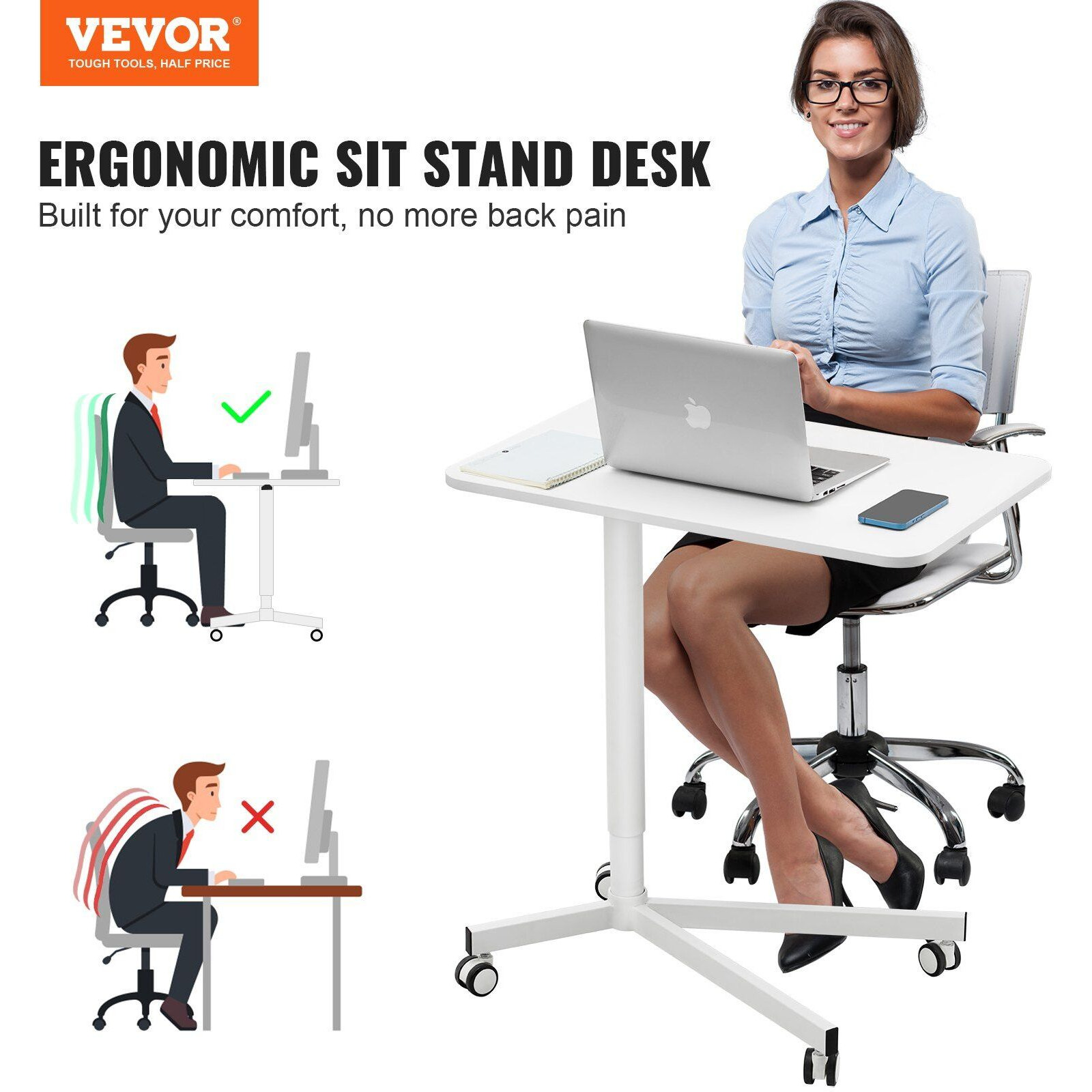 Vevor Mobile Standing Desk  28.5""-44.2"" Gas-Spring Height Adjustable Sit-Stand Desk  360 Swivel Wheels (2 Lockable) Portable Rolling Laptop Table Computer Cart For Home Office School  44Lbs Loading