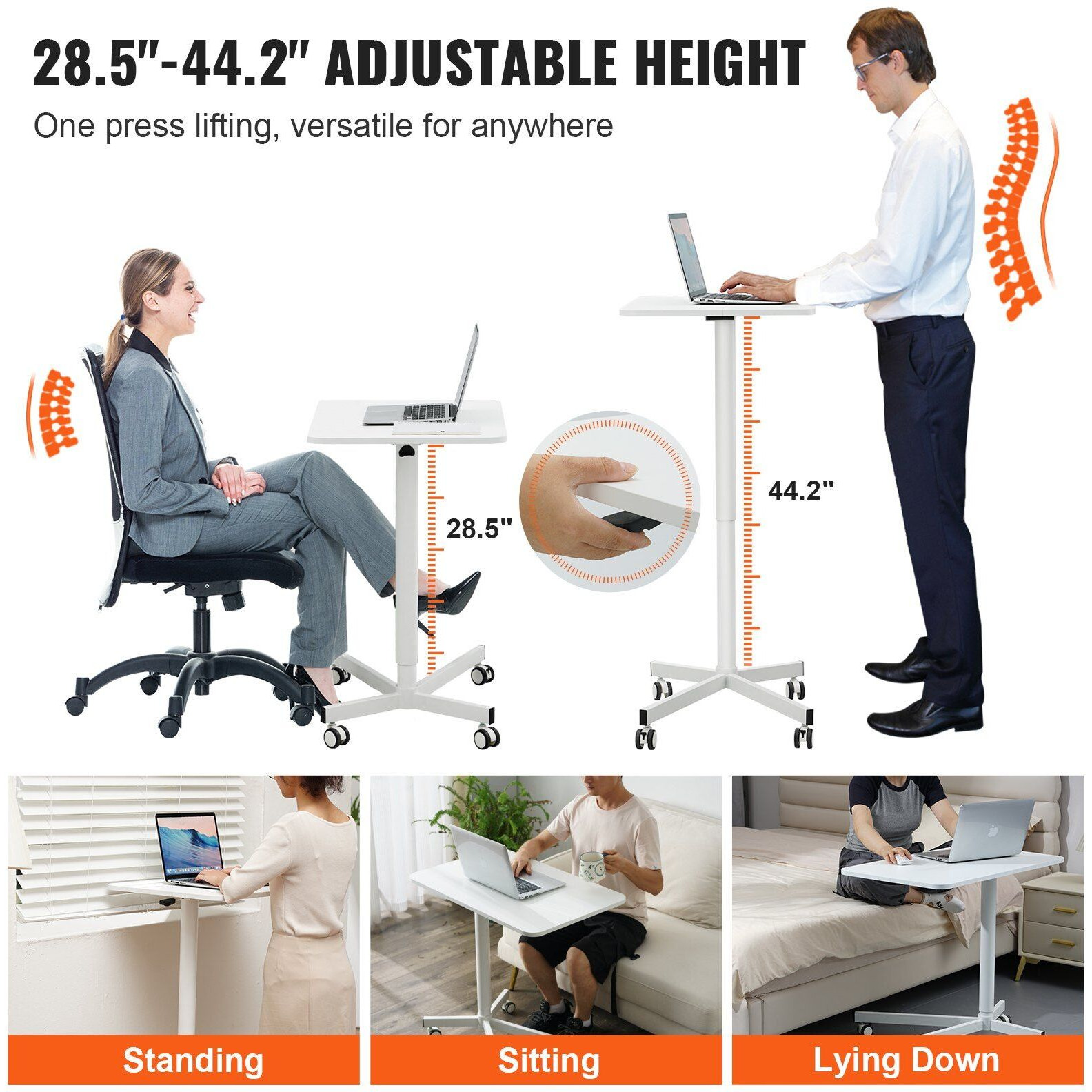 Vevor Mobile Standing Desk  28.5""-44.2"" Gas-Spring Height Adjustable Sit-Stand Desk  360 Swivel Wheels (2 Lockable) Portable Rolling Laptop Table Computer Cart For Home Office School  44Lbs Loading