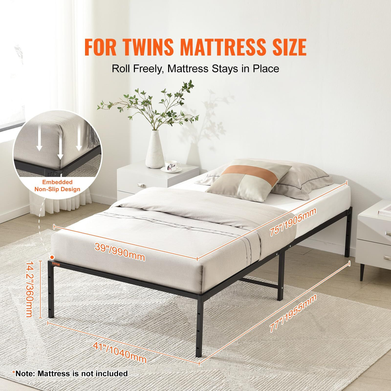 Vevor 14 Inch Twin Metal Bed Frame Platform  No Box Spring Needed  Embedded Mattress Foundation With Steel Slat Support  Easy Assembly  Noise Free